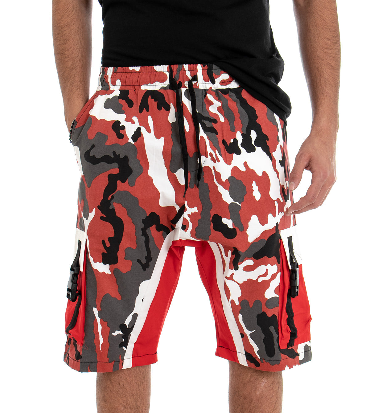 Bermuda Pantaloncino Corto Uomo Fantasia Mimetica Rosso Elastico GIOSAL-PC1381A