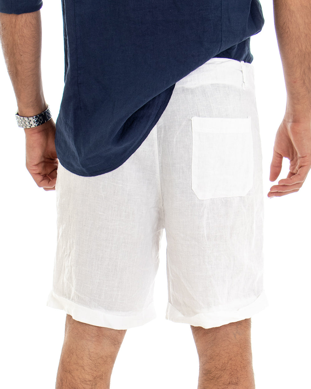 Bermuda Pantaloncino Uomo Corto Lino Tinta Unita Bianco Tasca America GIOSAL-PC1647A