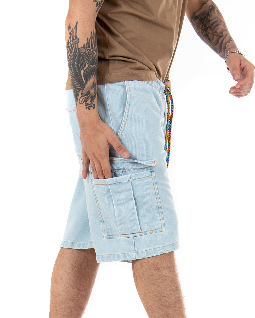 Bermuda Pantaloncino Corto Uomo Cargo Jeans Denim Chiaro GIOSAL-PC1751A