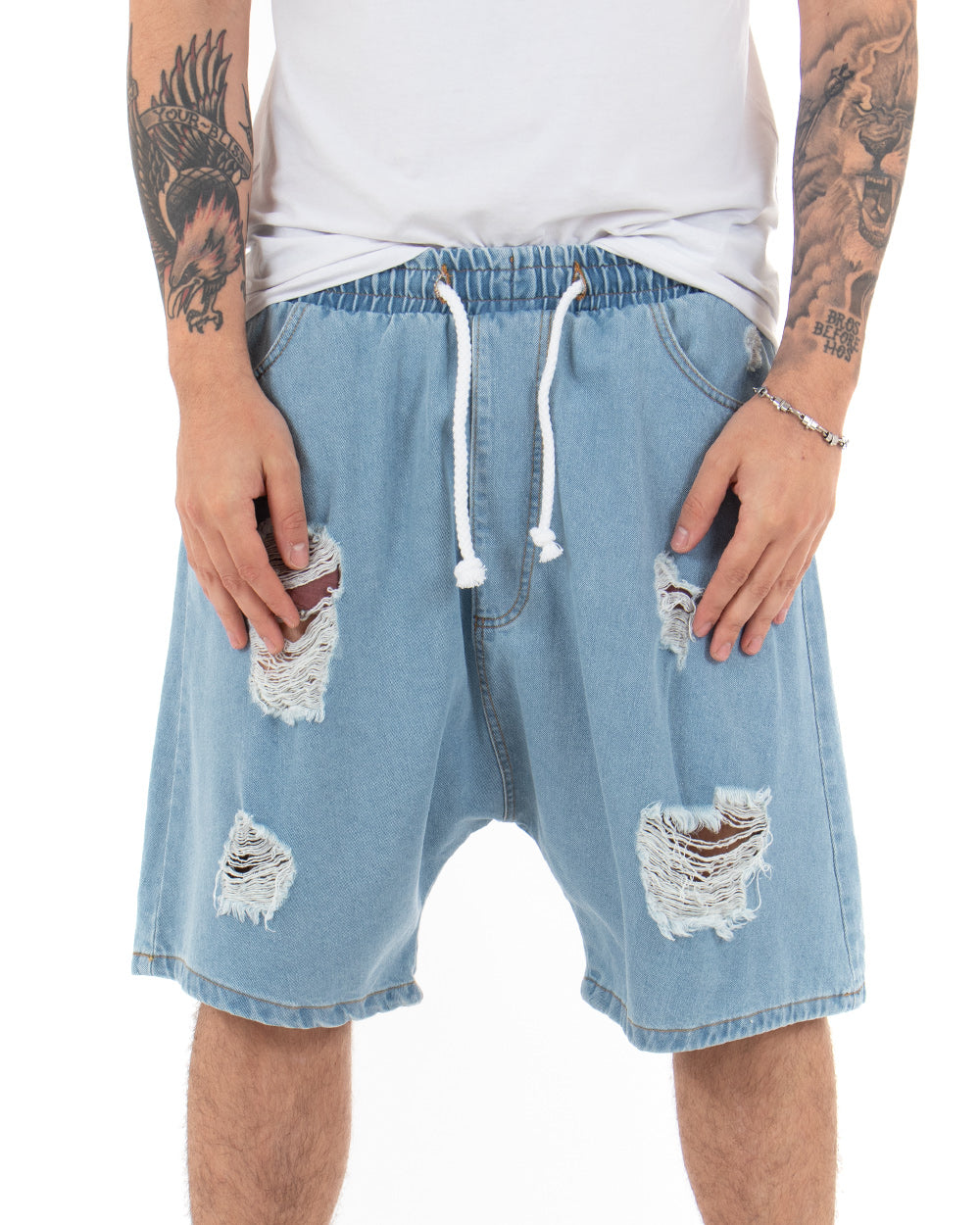 Bermuda Pantaloncini Uomo Corti Jogger Con Elastico Jeans Oversize Con Rotture Casual Denim Chiaro GIOSAL-PC1779A