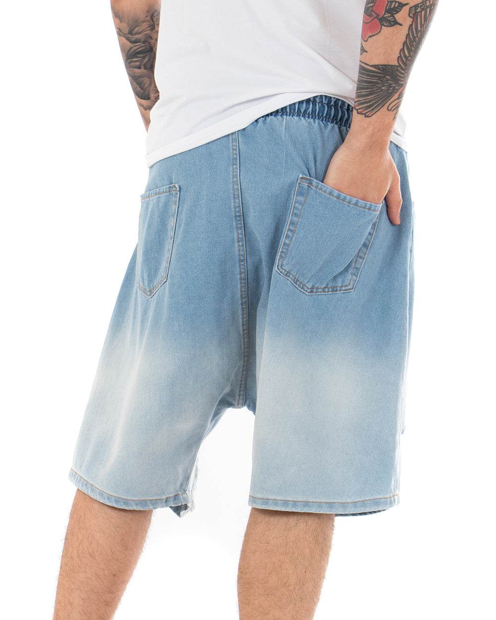 Bermuda Pantaloncini Uomo Corti Jeans Sfumato Chiaro Rotture Denim Bicolore GIOSAL-PC1847A