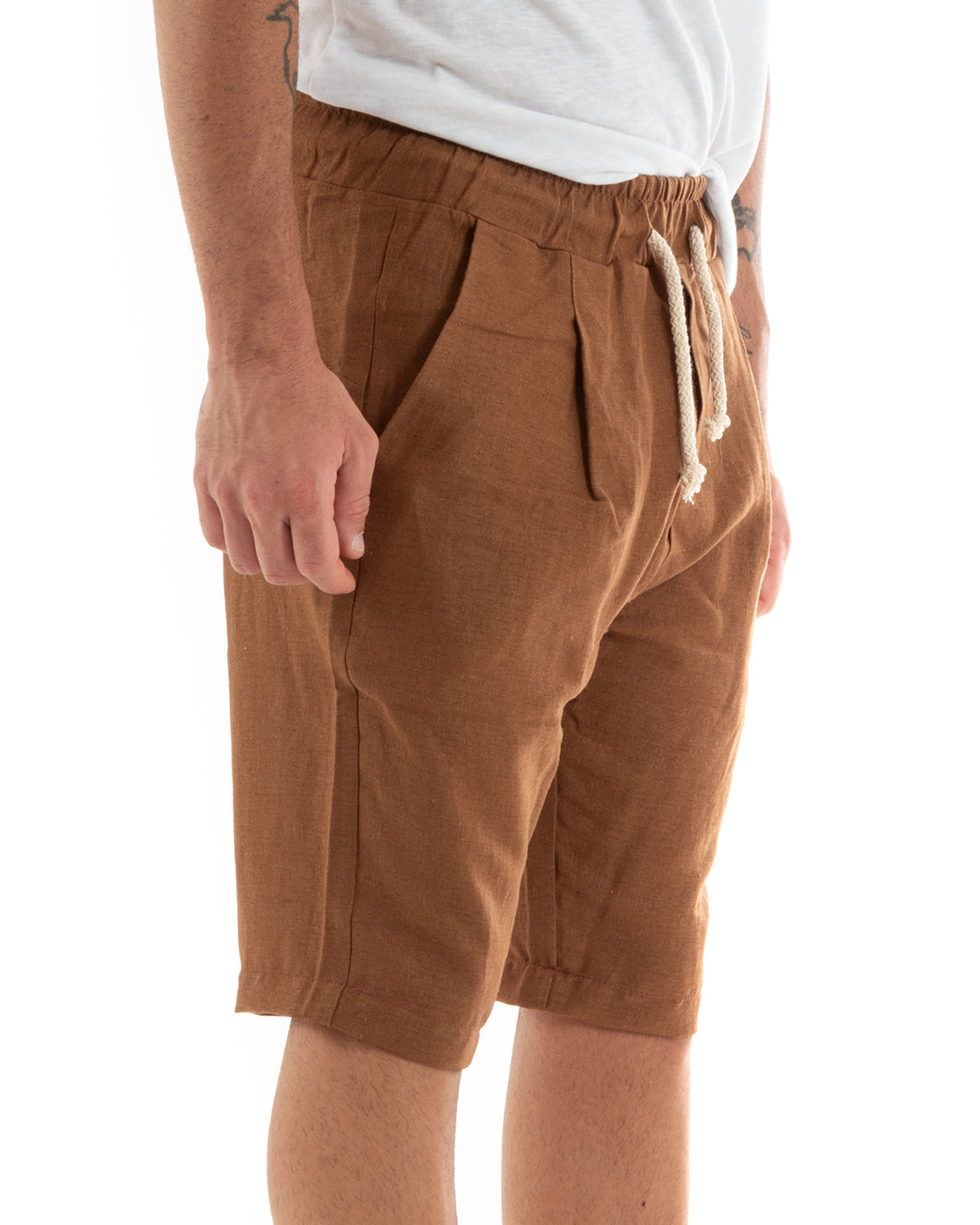 Bermuda Pantaloncino Uomo Corto Lino Pantalaccio Tinta Unita Camel Basic GIOSAL-PC1923A