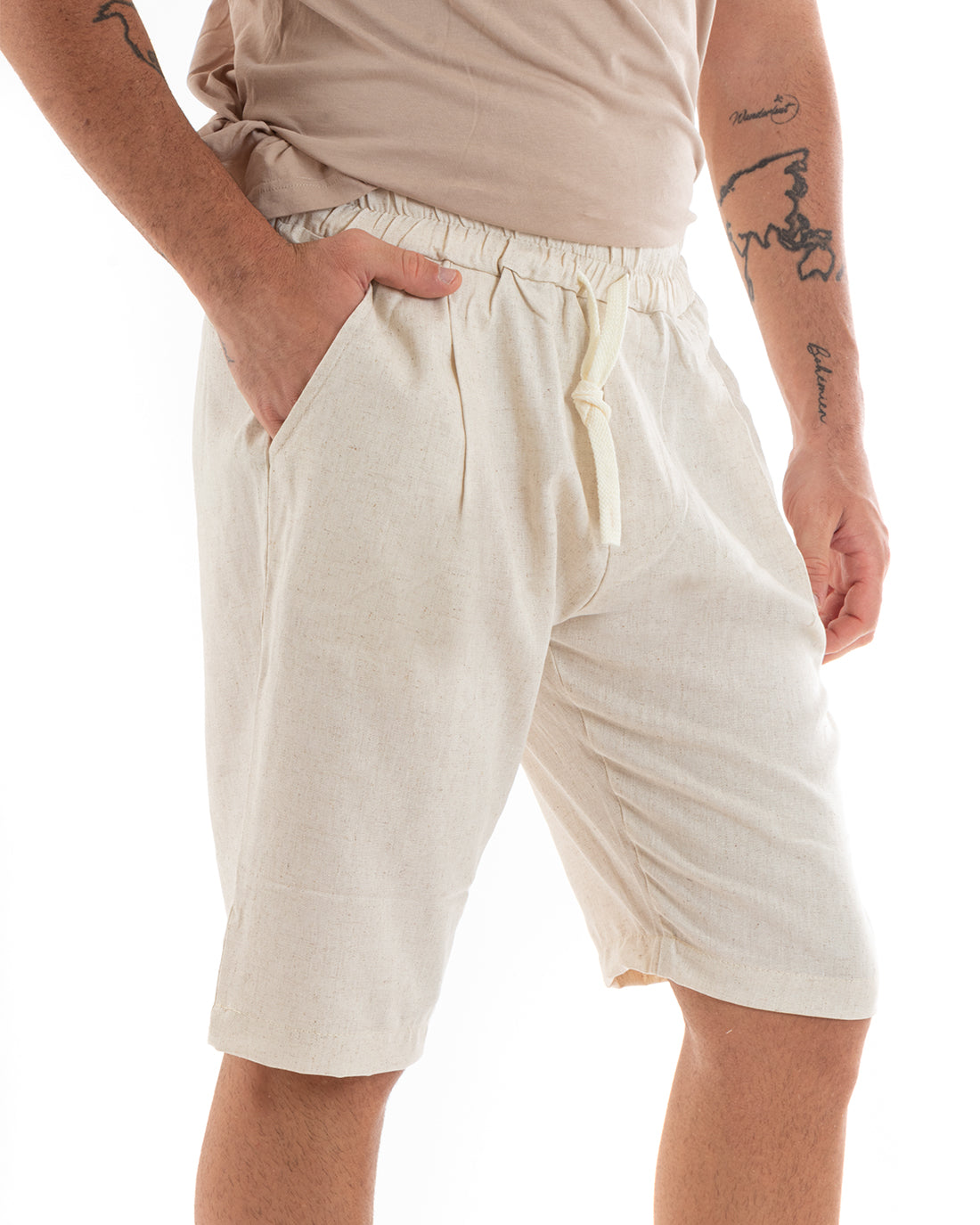 Bermuda Pantaloncini Uomo Corti Lino Pantalaccio Basic Tinta Unita Beige GIOSAL-PC1925A