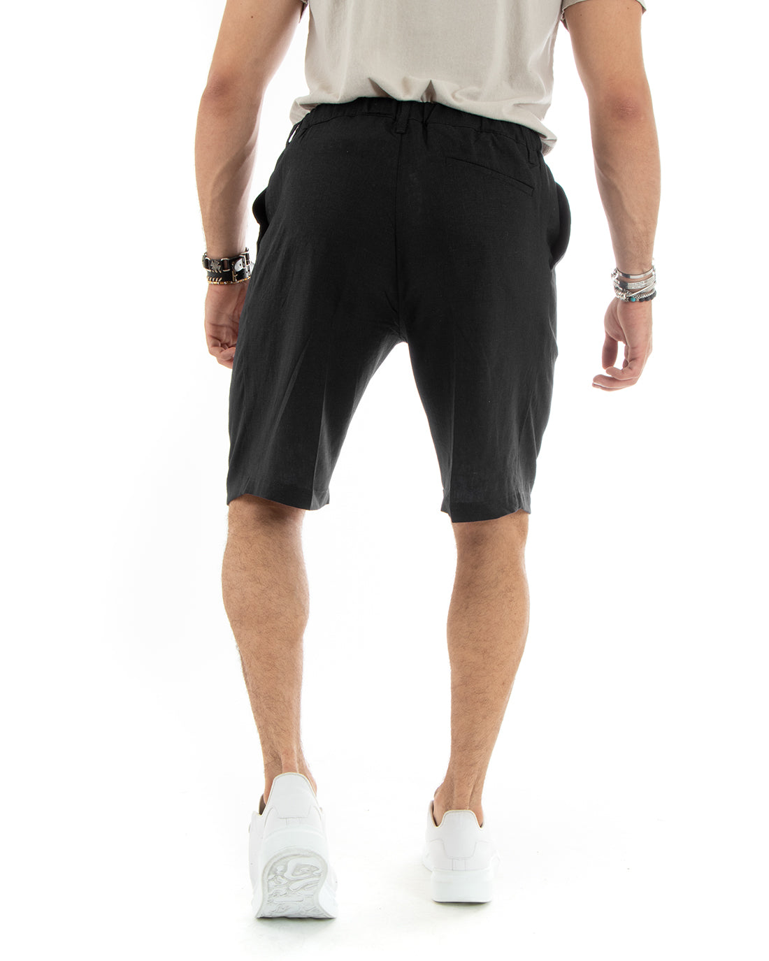 Bermuda Pantaloncino Uomo Corto Lino Tinta Unita Nero Sartoriale Con Laccetto GIOSAL-PC1929A
