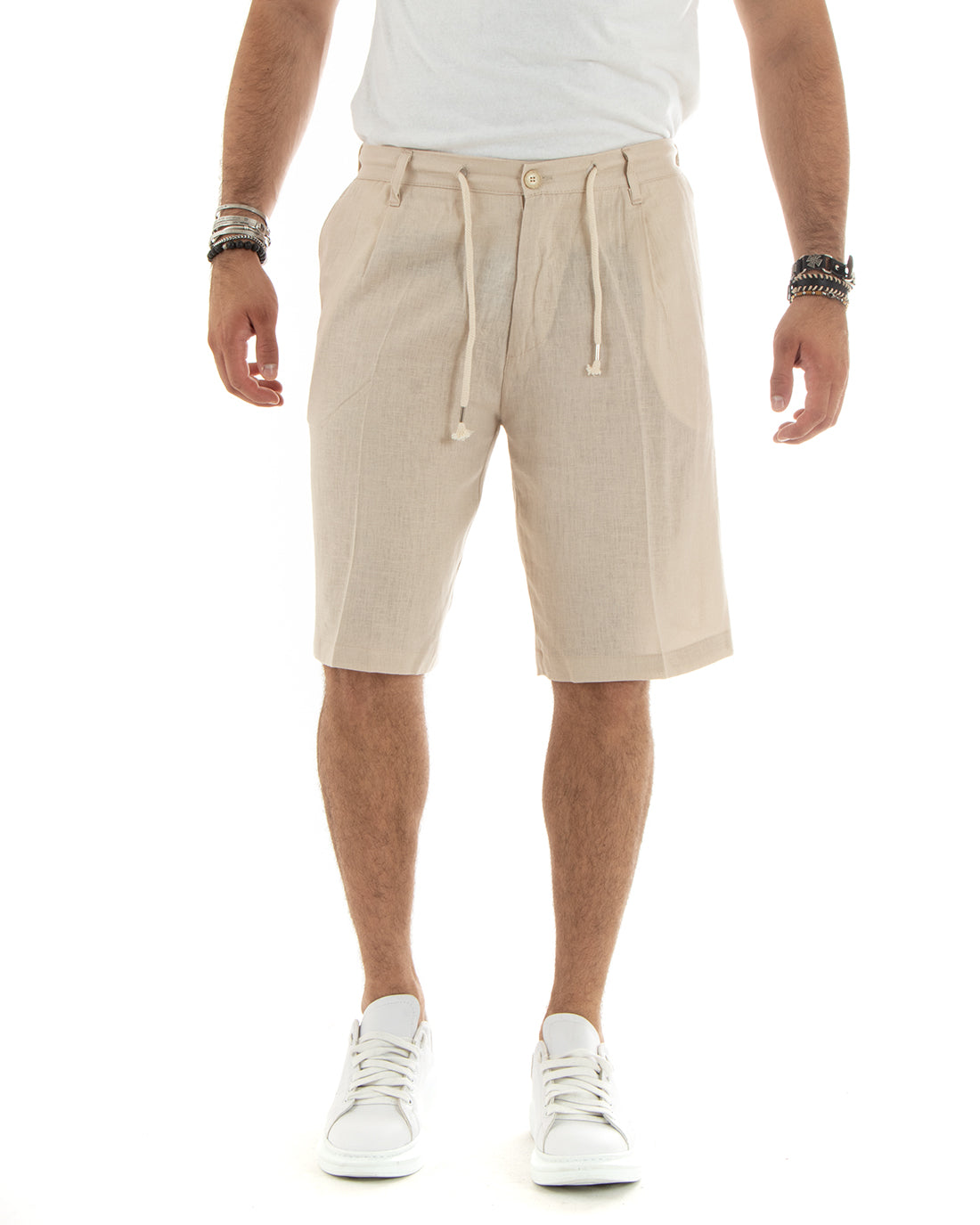 Bermuda Pantaloncini Uomo Corti Lino Sartoriale Con Laccetto Tinta Unita Beige GIOSAL-PC1930A