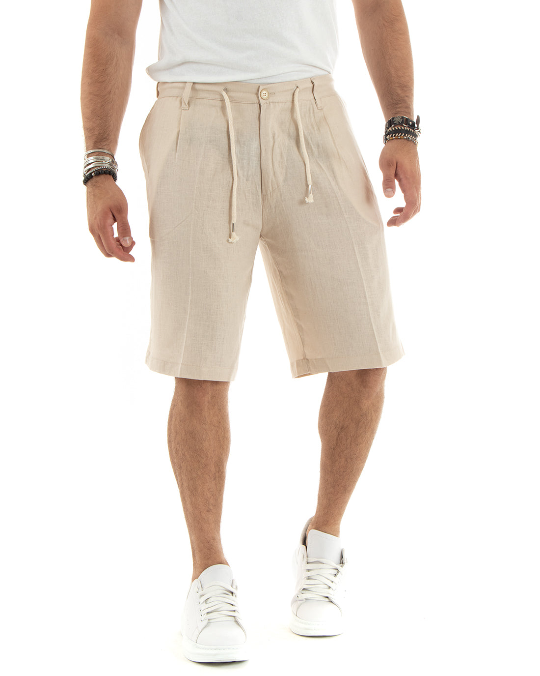 Bermuda Pantaloncini Uomo Corti Lino Sartoriale Con Laccetto Tinta Unita Beige GIOSAL-PC1930A