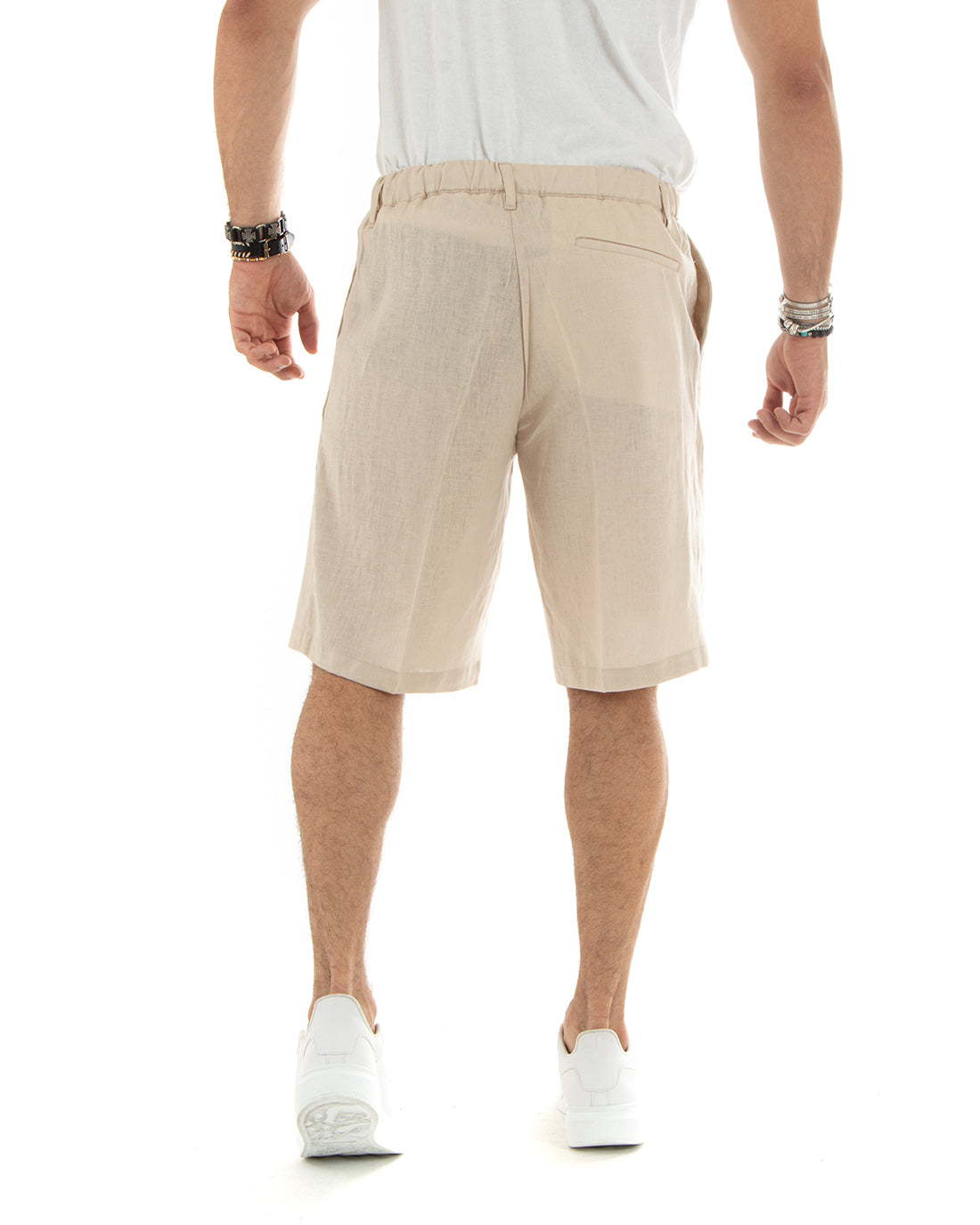 Bermuda Pantaloncini Uomo Corti Lino Sartoriale Con Laccetto Tinta Unita Beige GIOSAL-PC1930A