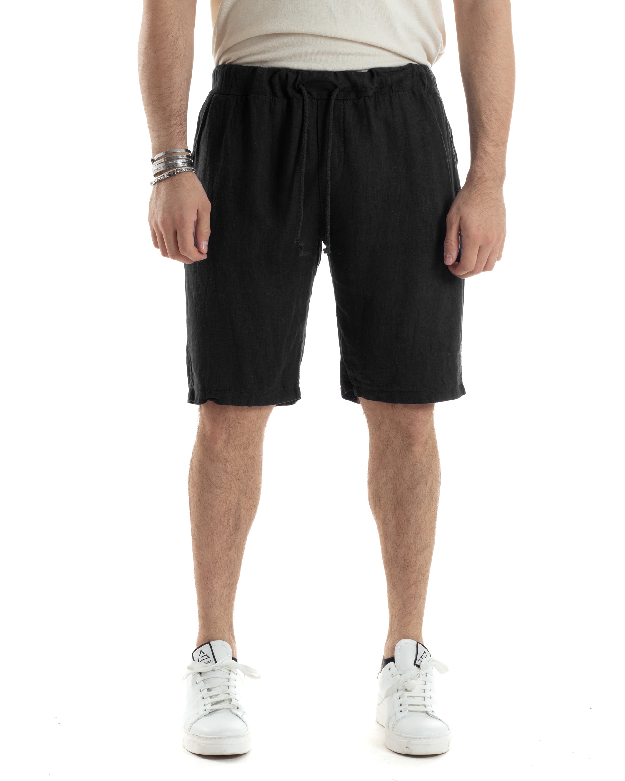 Bermuda Pantaloncini Uomo Corti Lino Jogger Basic Tinta Unita Nero GIOSAL-PC1944A