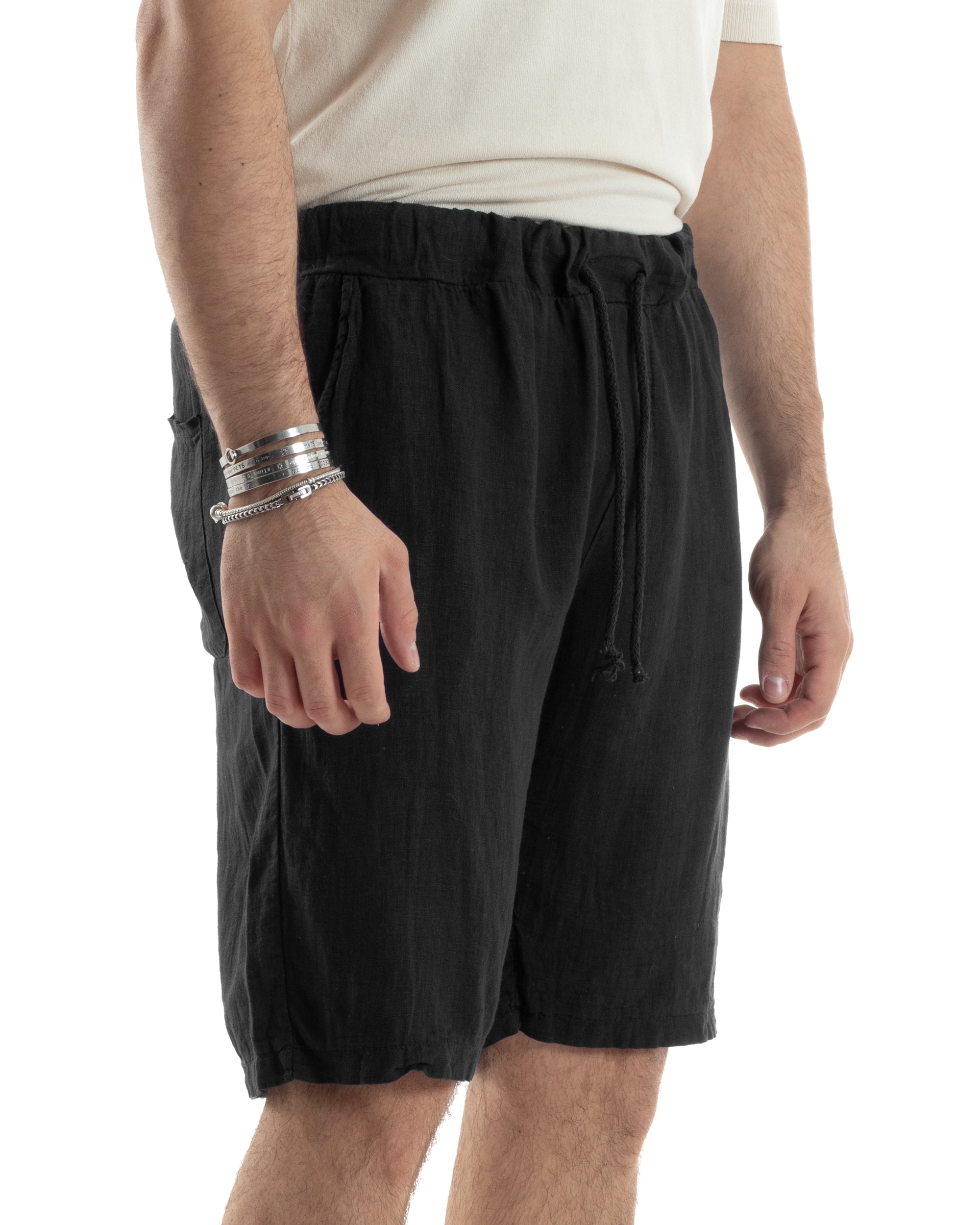 Bermuda Pantaloncini Uomo Corti Lino Jogger Basic Tinta Unita Nero GIOSAL-PC1944A