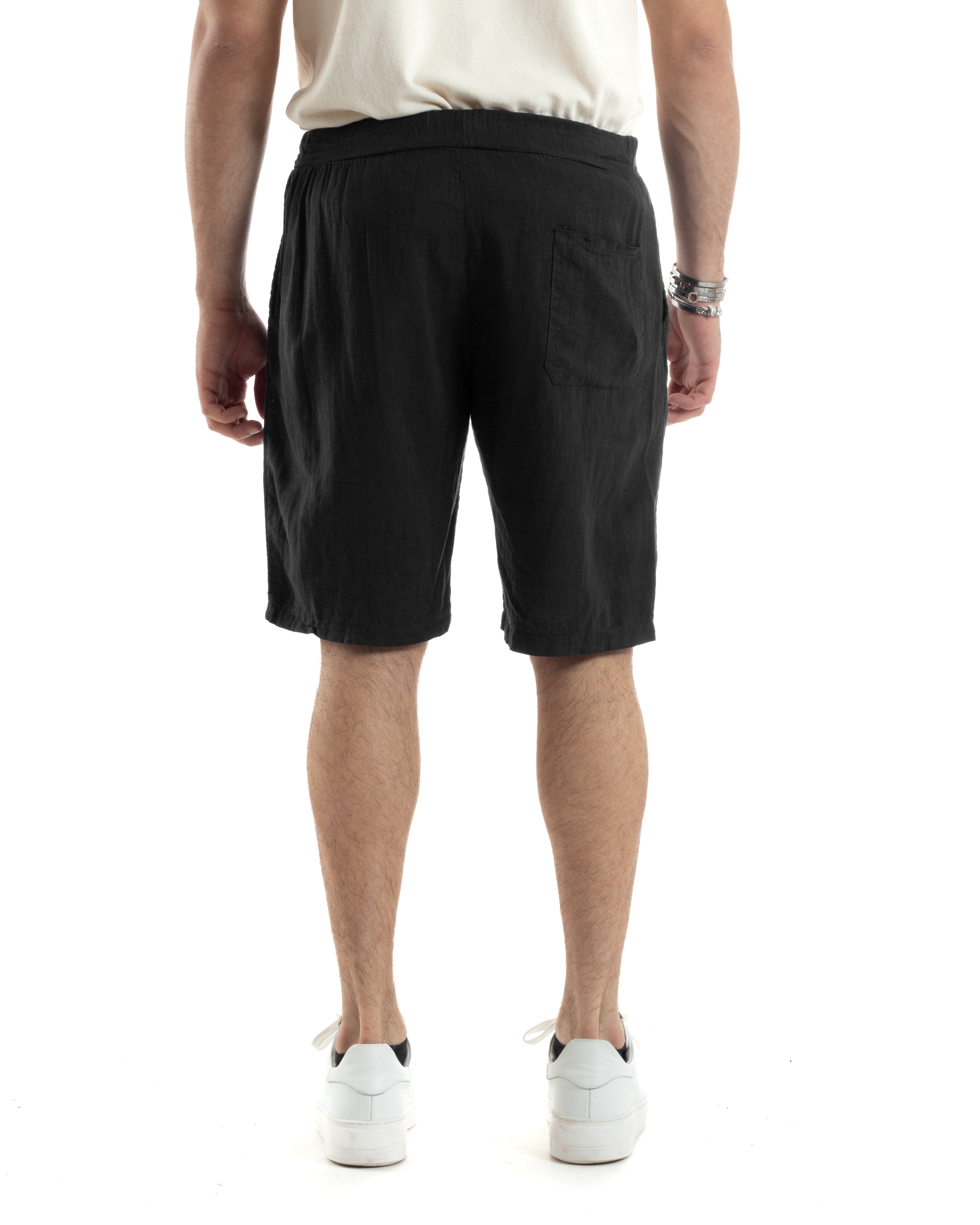 Bermuda Pantaloncini Uomo Corti Lino Jogger Basic Tinta Unita Nero GIOSAL-PC1944A