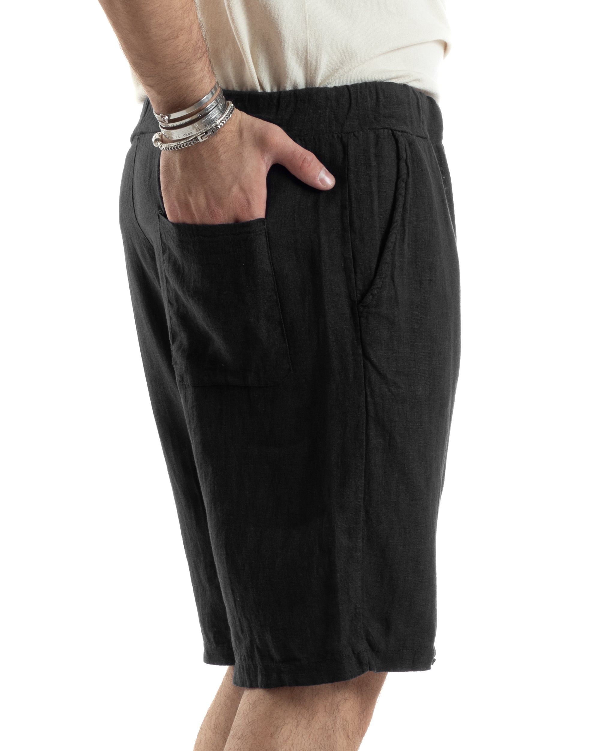 Bermuda Pantaloncini Uomo Corti Lino Jogger Basic Tinta Unita Nero GIOSAL-PC1944A