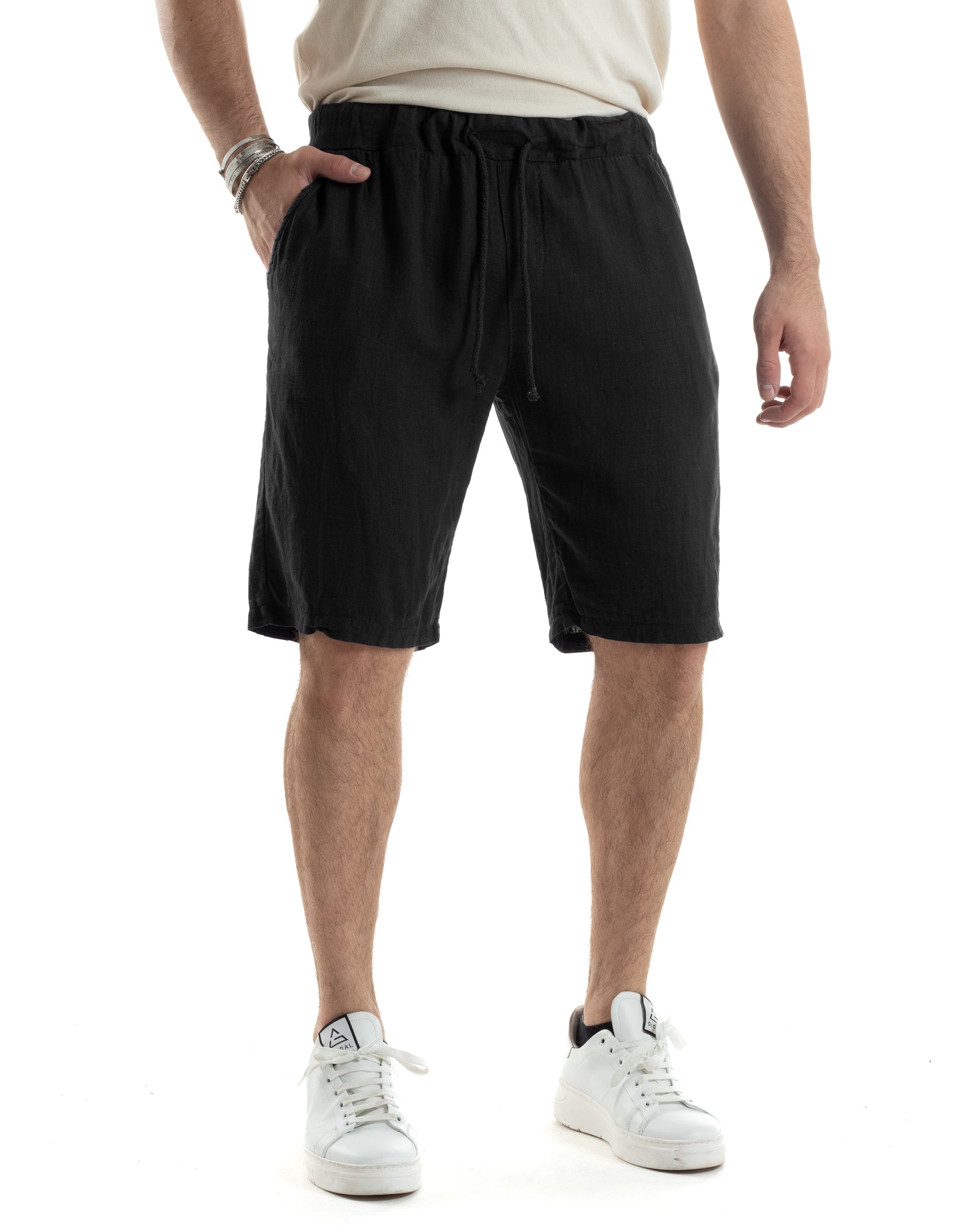 Bermuda Pantaloncini Uomo Corti Lino Jogger Basic Tinta Unita Nero GIOSAL-PC1944A