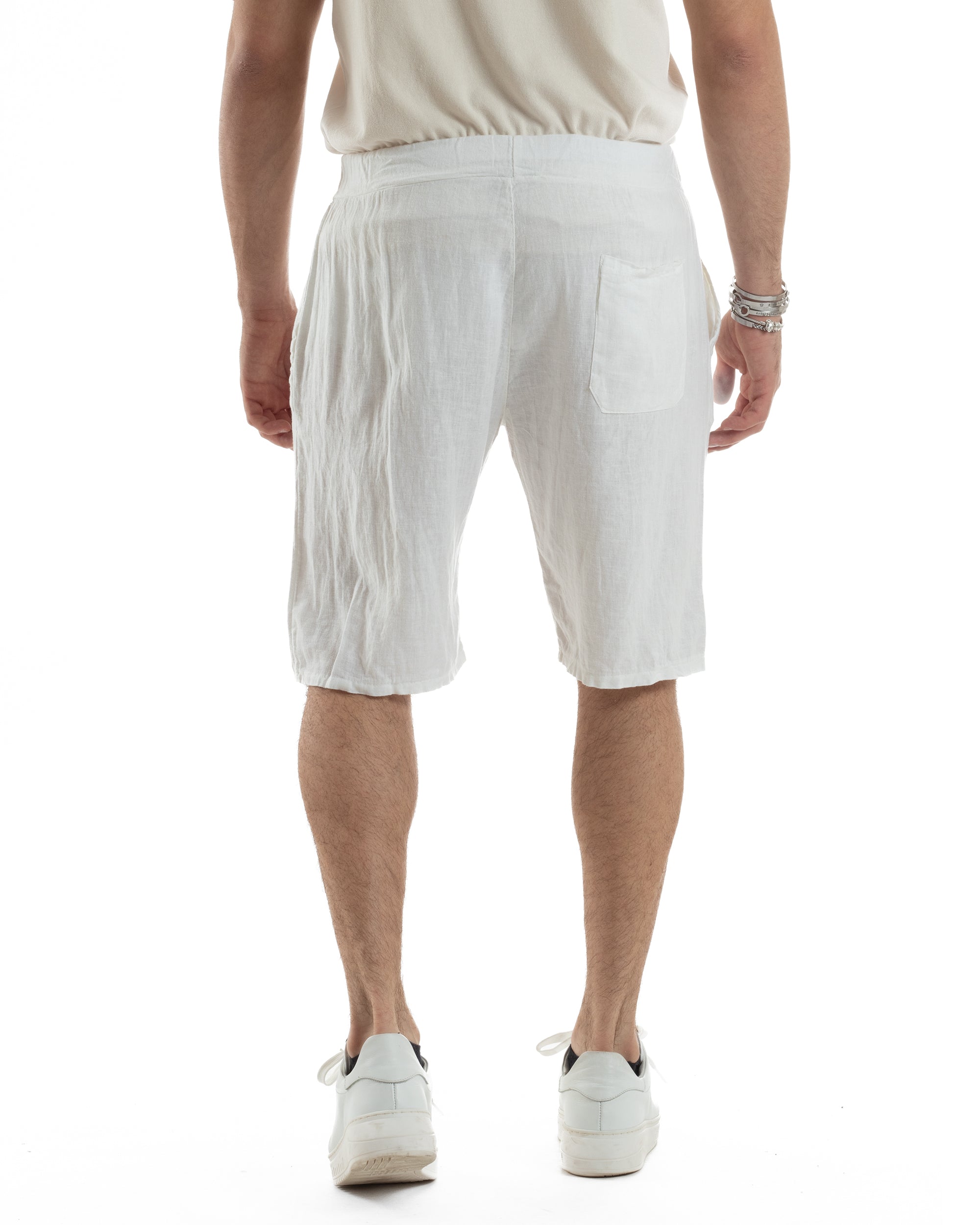 Bermuda Pantaloncini Uomo Corti Lino Jogger Basic Tinta Unita Bianco GIOSAL-PC1945A