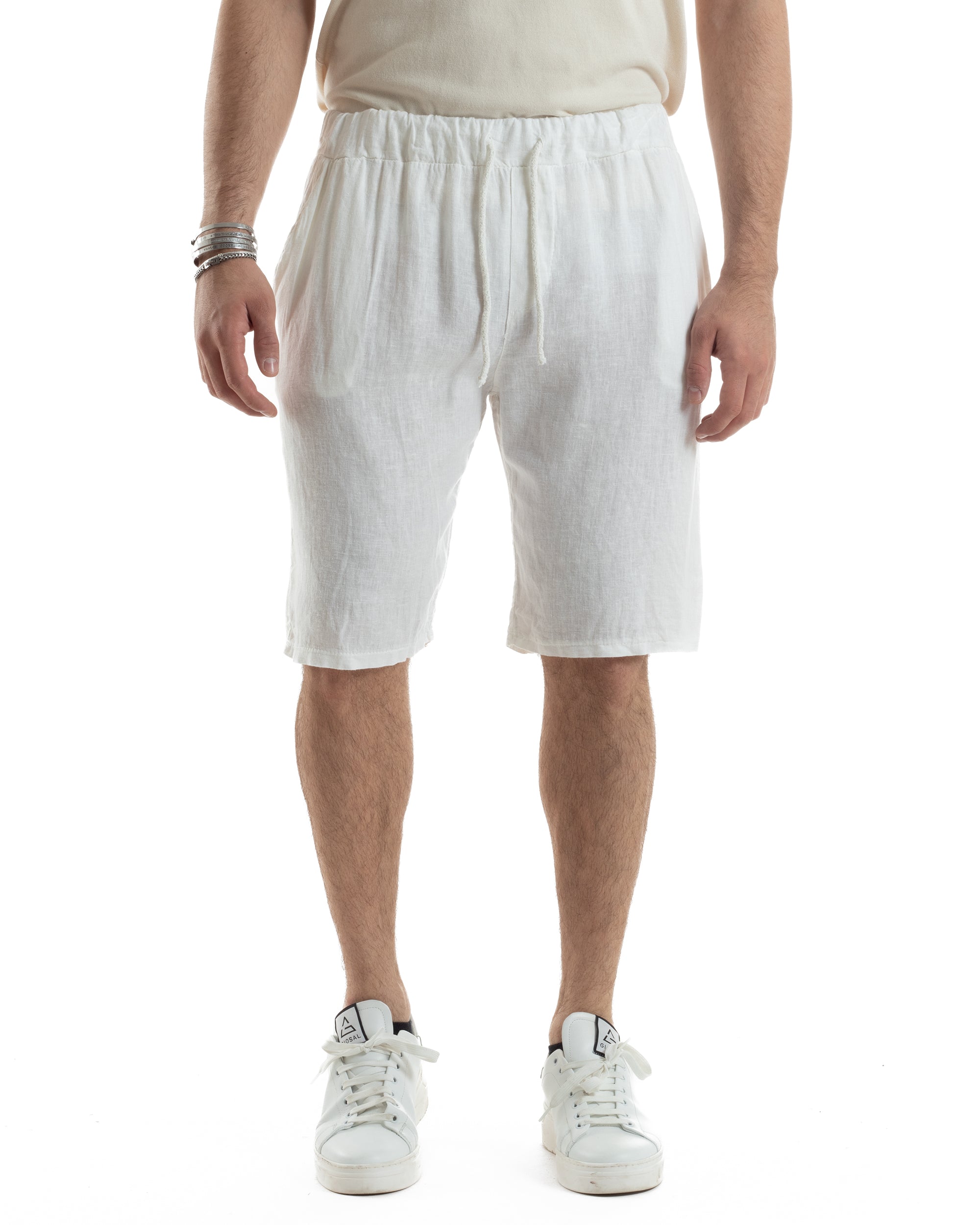 Bermuda Pantaloncini Uomo Corti Lino Jogger Basic Tinta Unita Bianco GIOSAL-PC1945A