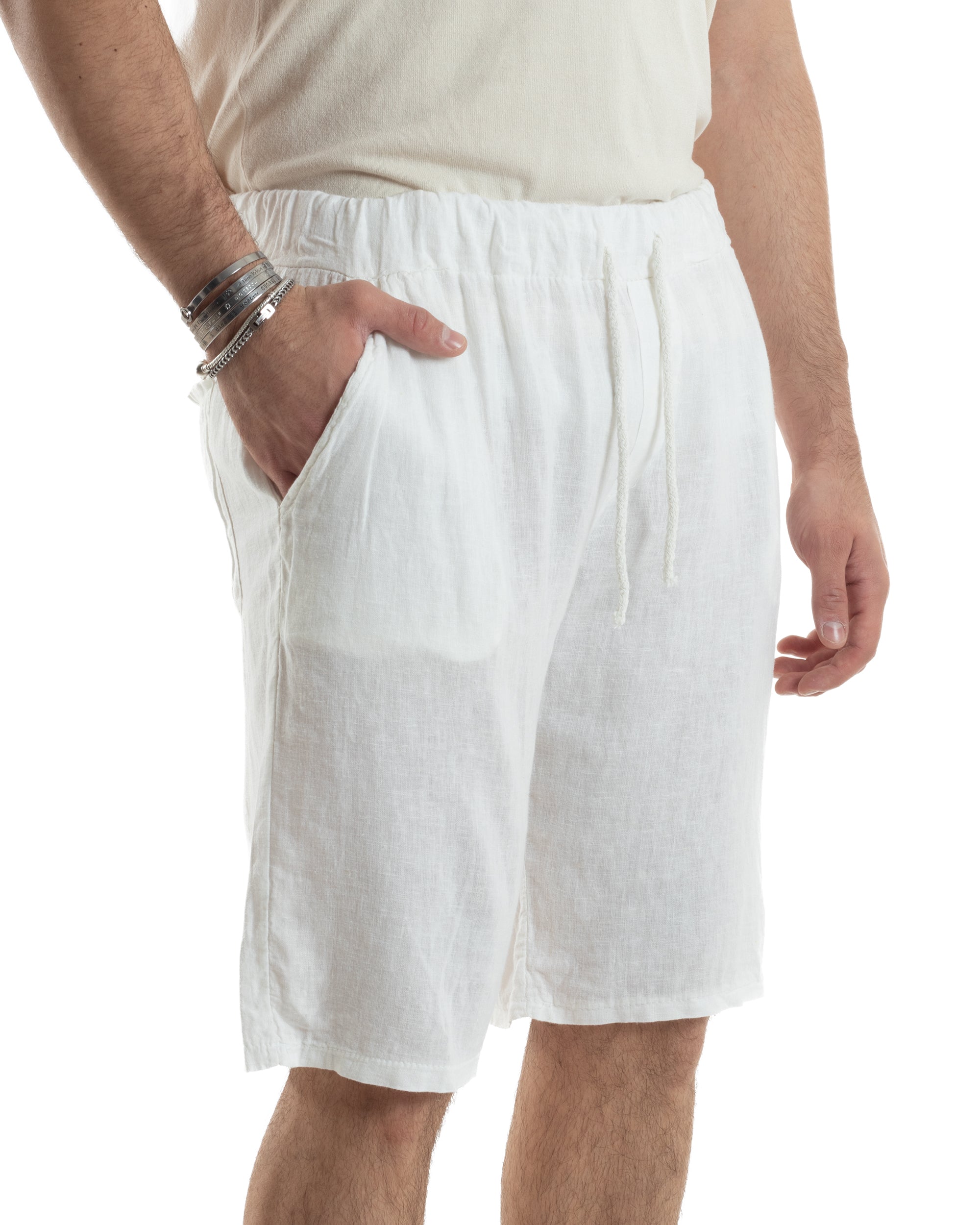 Bermuda Pantaloncini Uomo Corti Lino Jogger Basic Tinta Unita Bianco GIOSAL-PC1945A