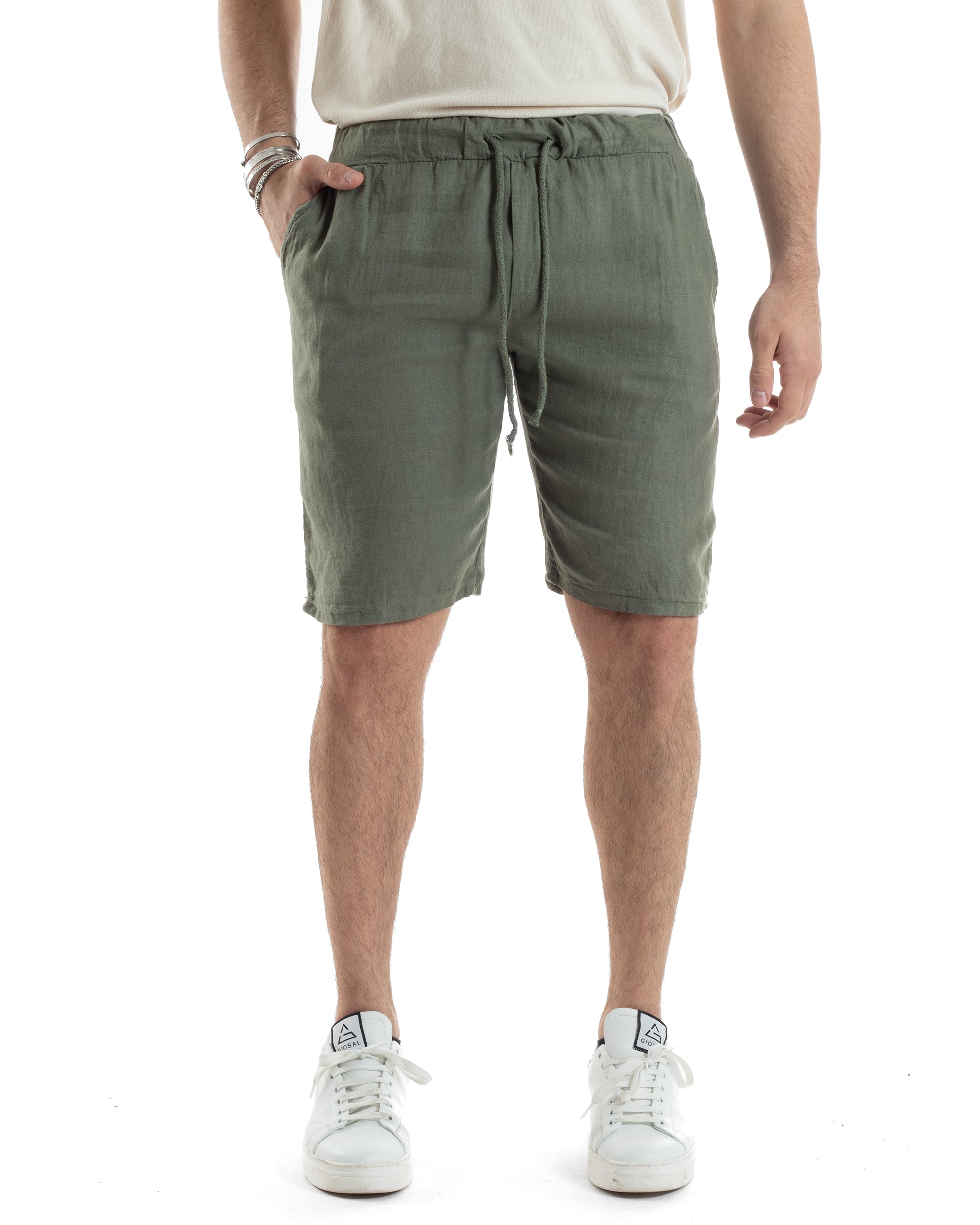 Bermuda Pantaloncini Uomo Corti Lino Jogger Basic Tinta Unita Verde GIOSAL-PC1946A