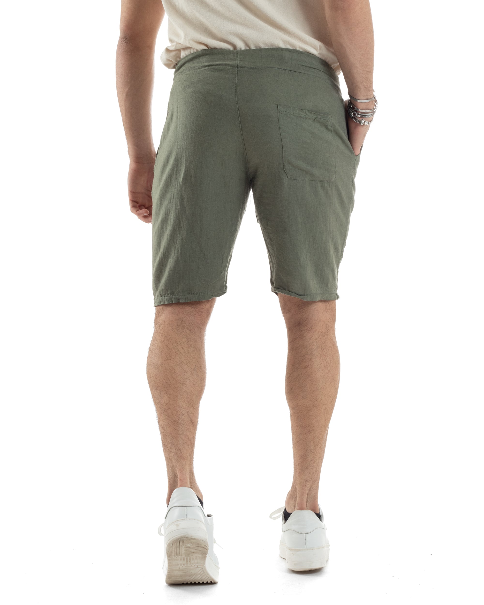 Bermuda Pantaloncini Uomo Corti Lino Jogger Basic Tinta Unita Verde GIOSAL-PC1946A