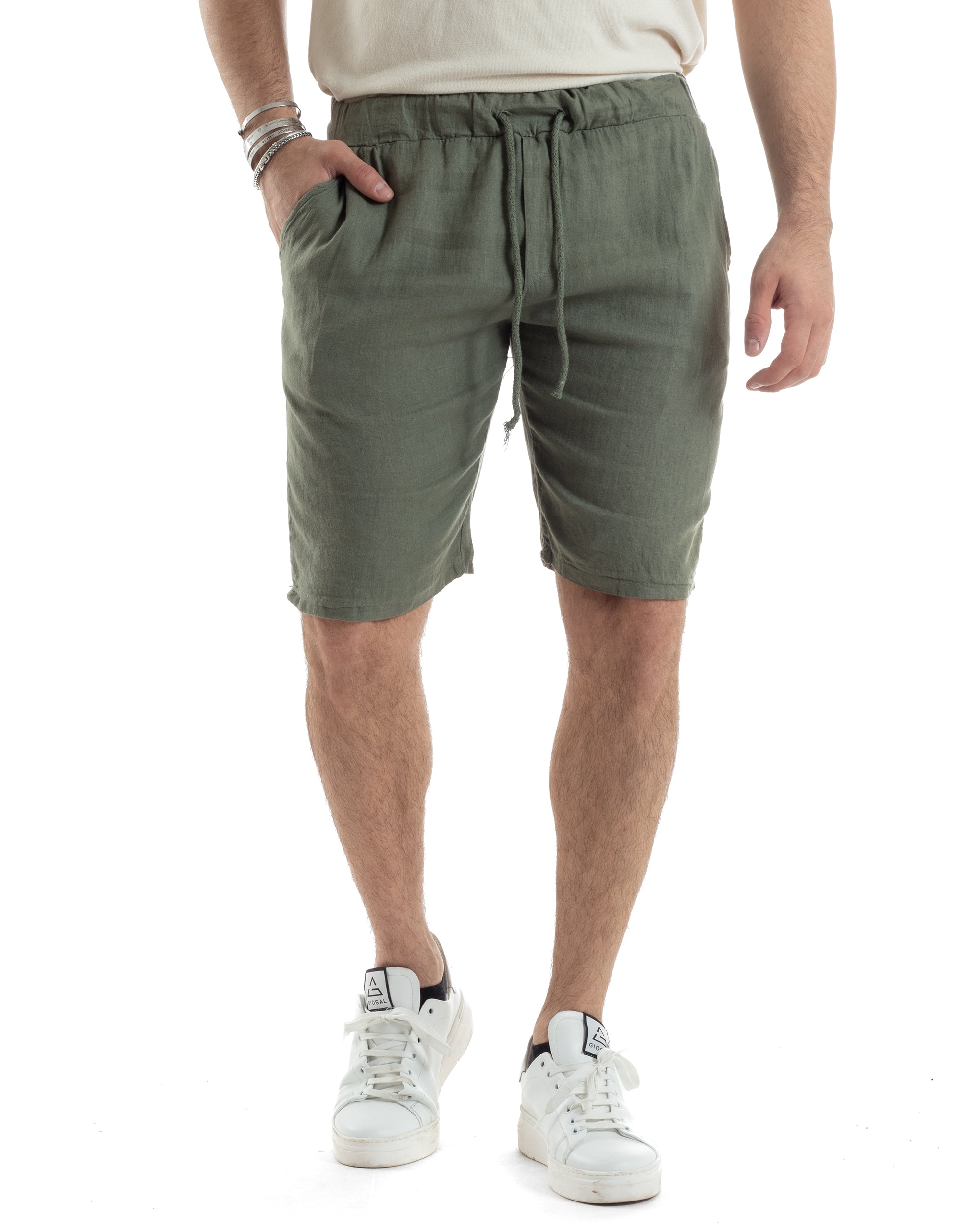 Bermuda Pantaloncini Uomo Corti Lino Jogger Basic Tinta Unita Verde GIOSAL-PC1946A