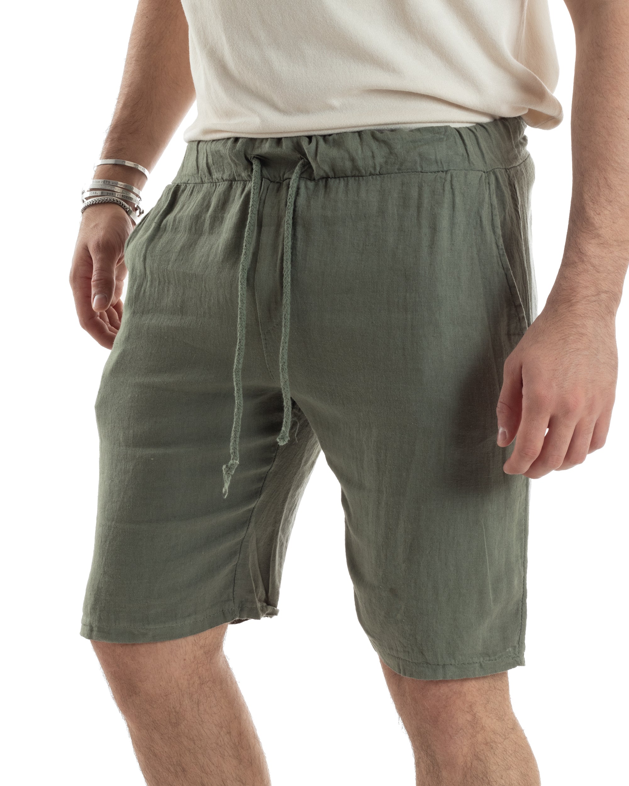 Bermuda Pantaloncini Uomo Corti Lino Jogger Basic Tinta Unita Verde GIOSAL-PC1946A