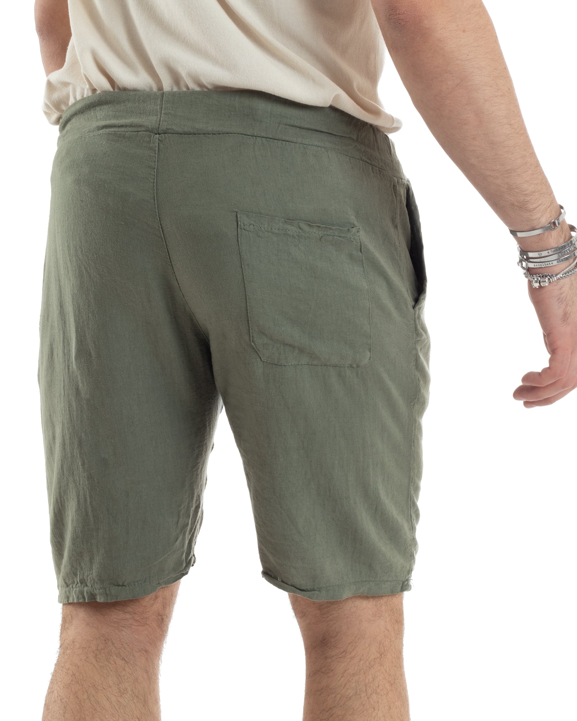 Bermuda Pantaloncini Uomo Corti Lino Jogger Basic Tinta Unita Verde GIOSAL-PC1946A