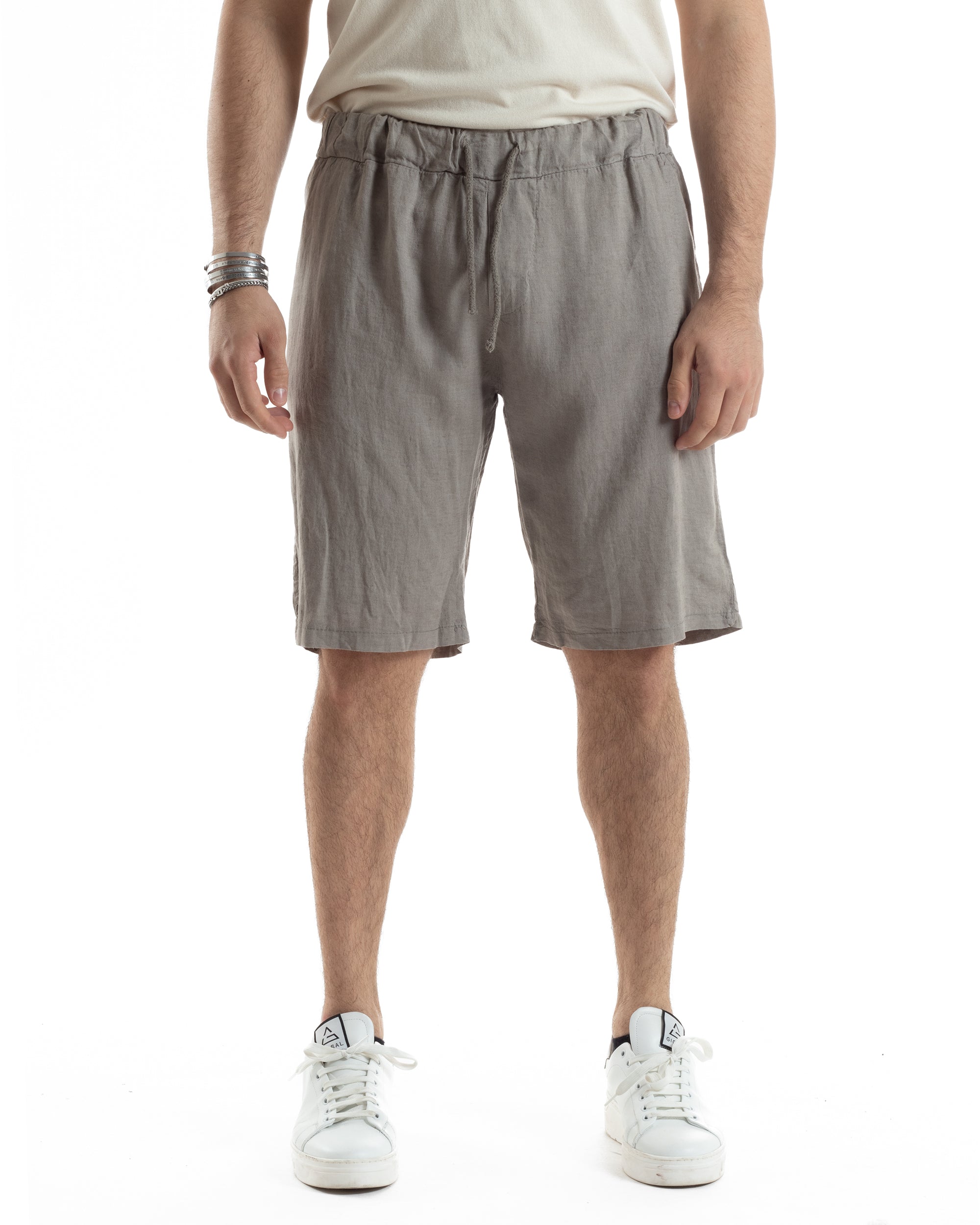 Bermuda Pantaloncini Uomo Corti Lino Jogger Basic Tinta Unita Fango GIOSAL-PC1947A