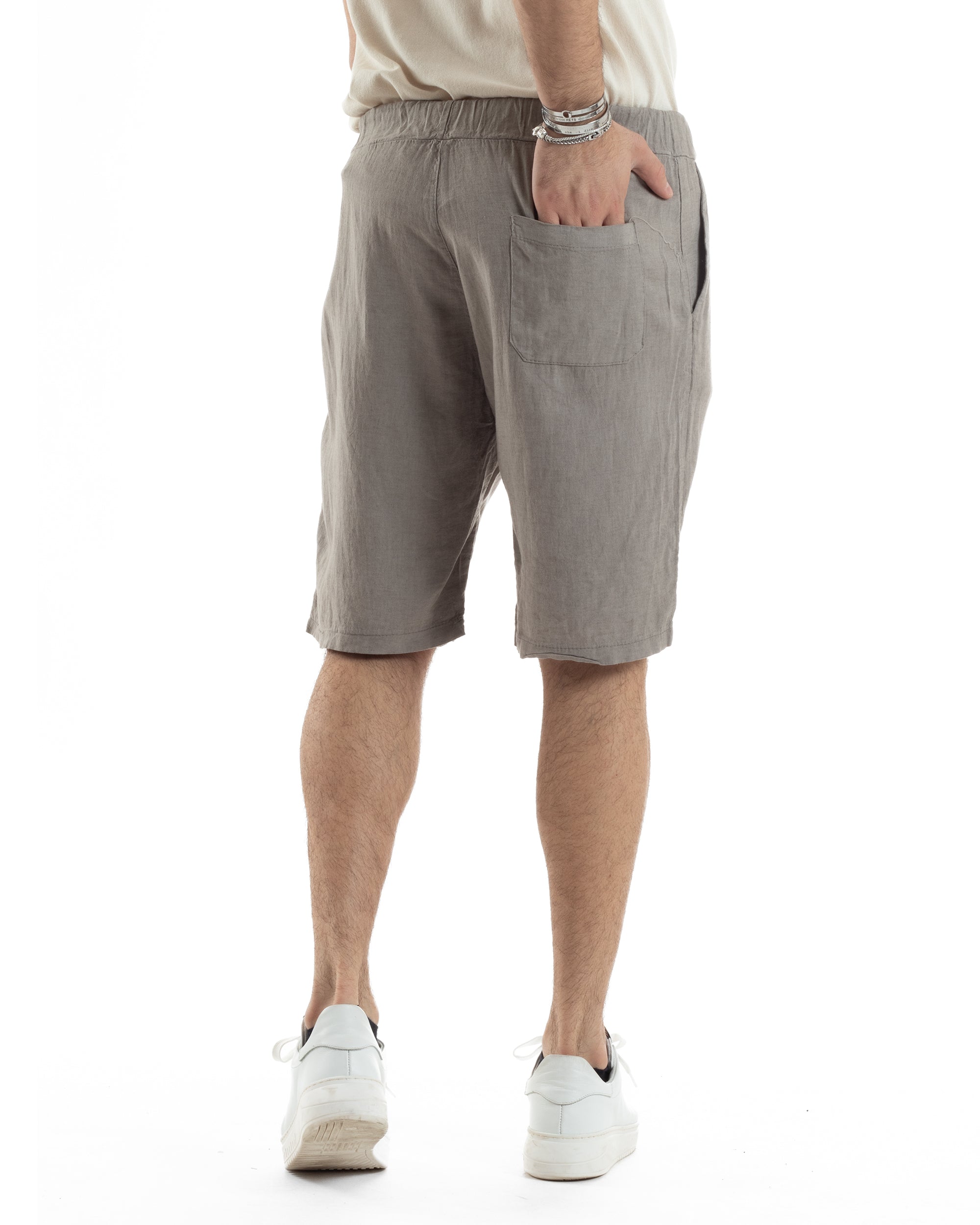 Bermuda Pantaloncini Uomo Corti Lino Jogger Basic Tinta Unita Fango GIOSAL-PC1947A