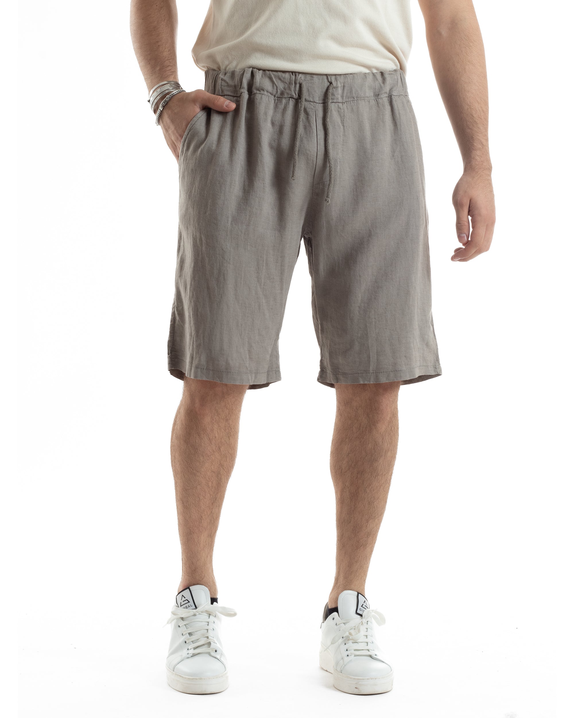 Bermuda Pantaloncini Uomo Corti Lino Jogger Basic Tinta Unita Fango GIOSAL-PC1947A