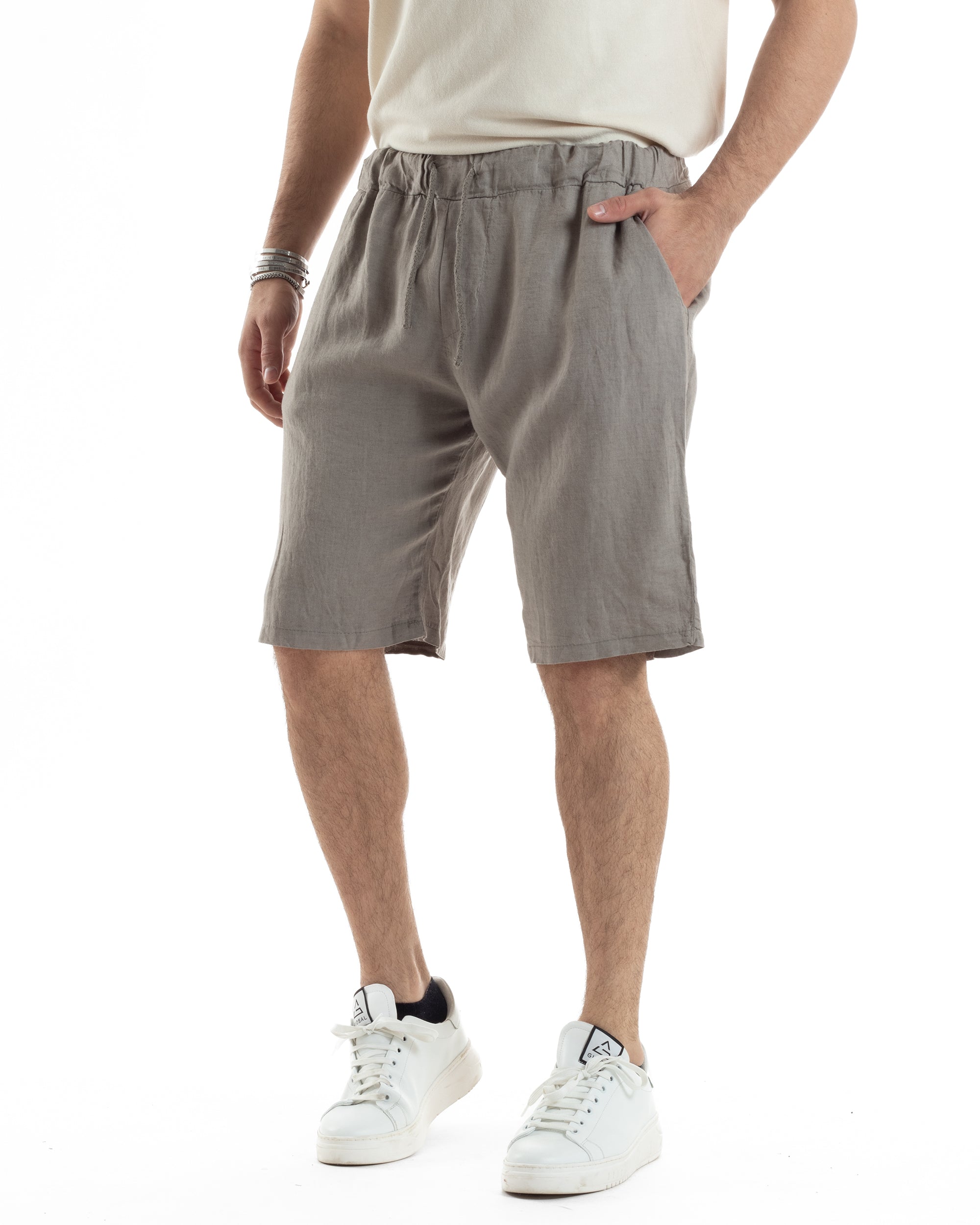 Bermuda Pantaloncini Uomo Corti Lino Jogger Basic Tinta Unita Fango GIOSAL-PC1947A