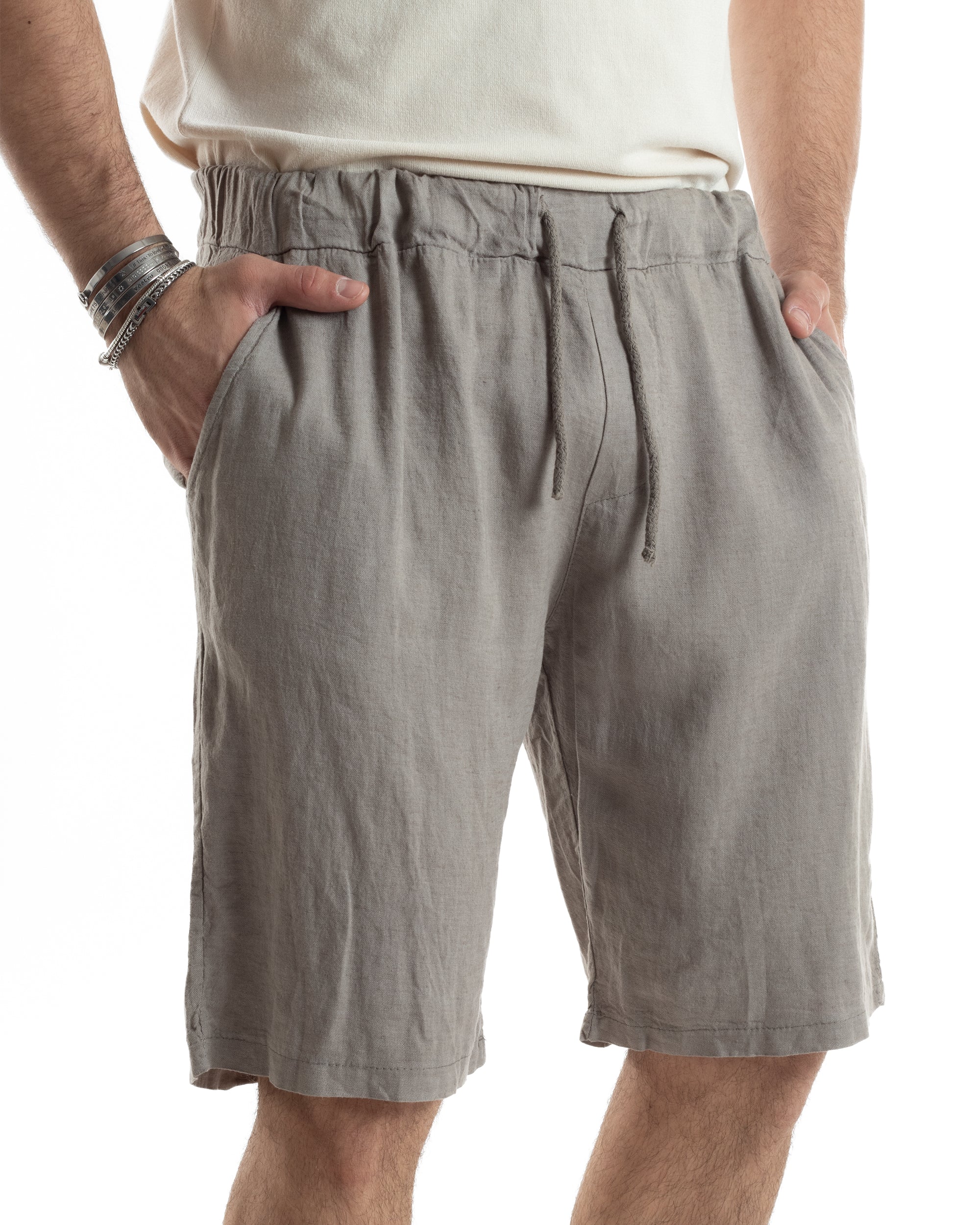 Bermuda Pantaloncini Uomo Corti Lino Jogger Basic Tinta Unita Fango GIOSAL-PC1947A