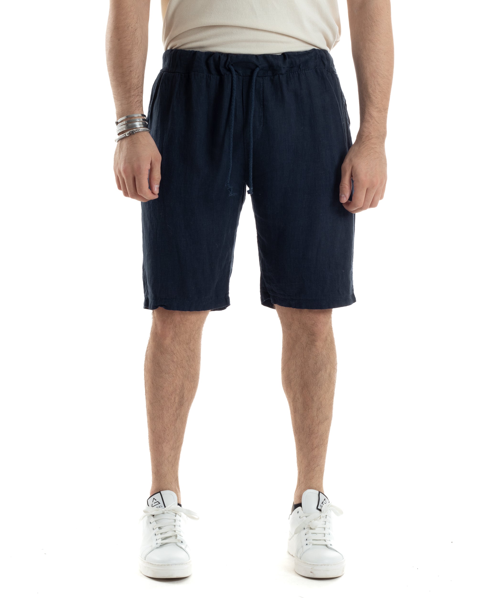 Bermuda Pantaloncini Uomo Corti Lino Jogger Basic Tinta Unita Blu GIOSAL-PC1948A