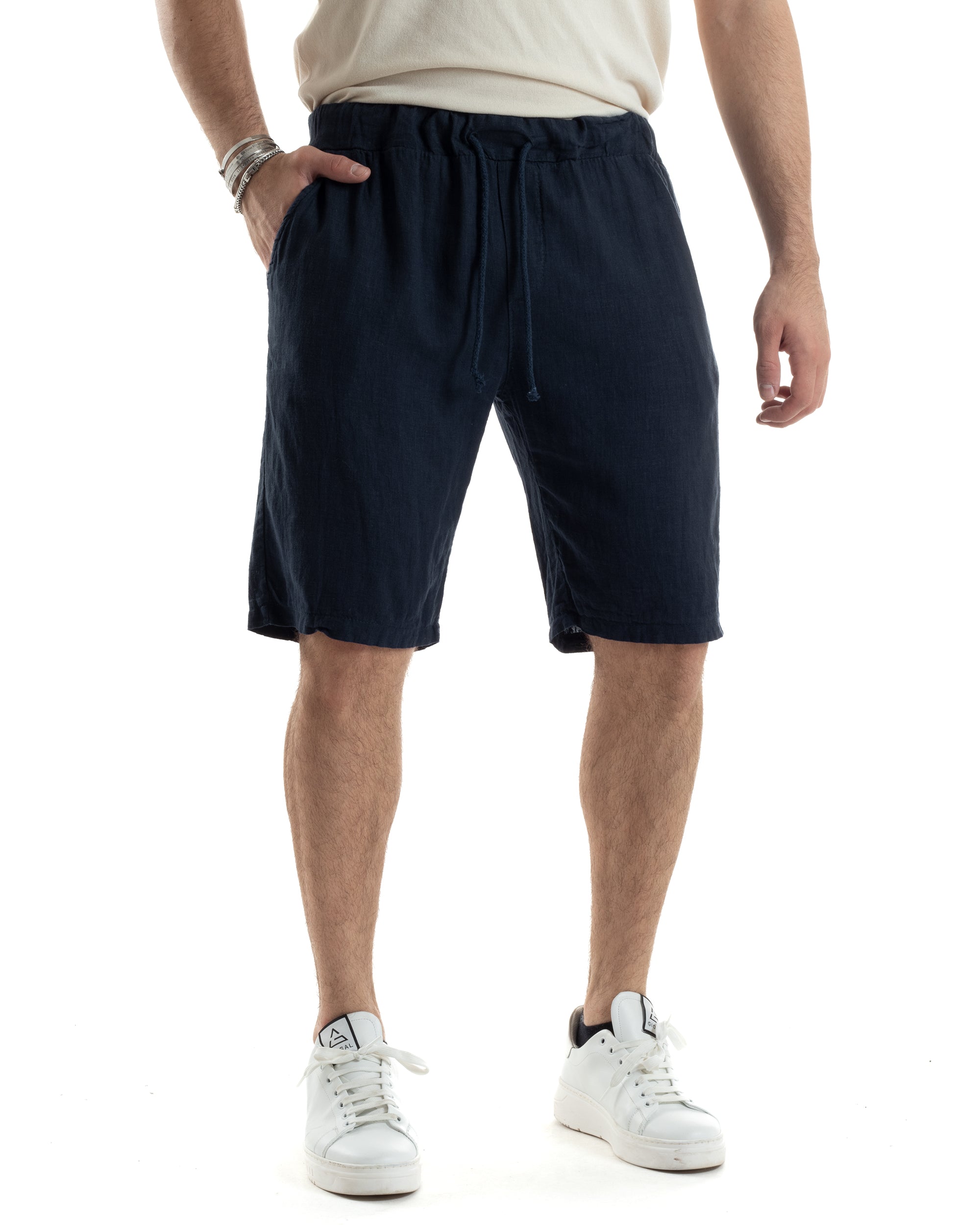 Bermuda Pantaloncini Uomo Corti Lino Jogger Basic Tinta Unita Blu GIOSAL-PC1948A