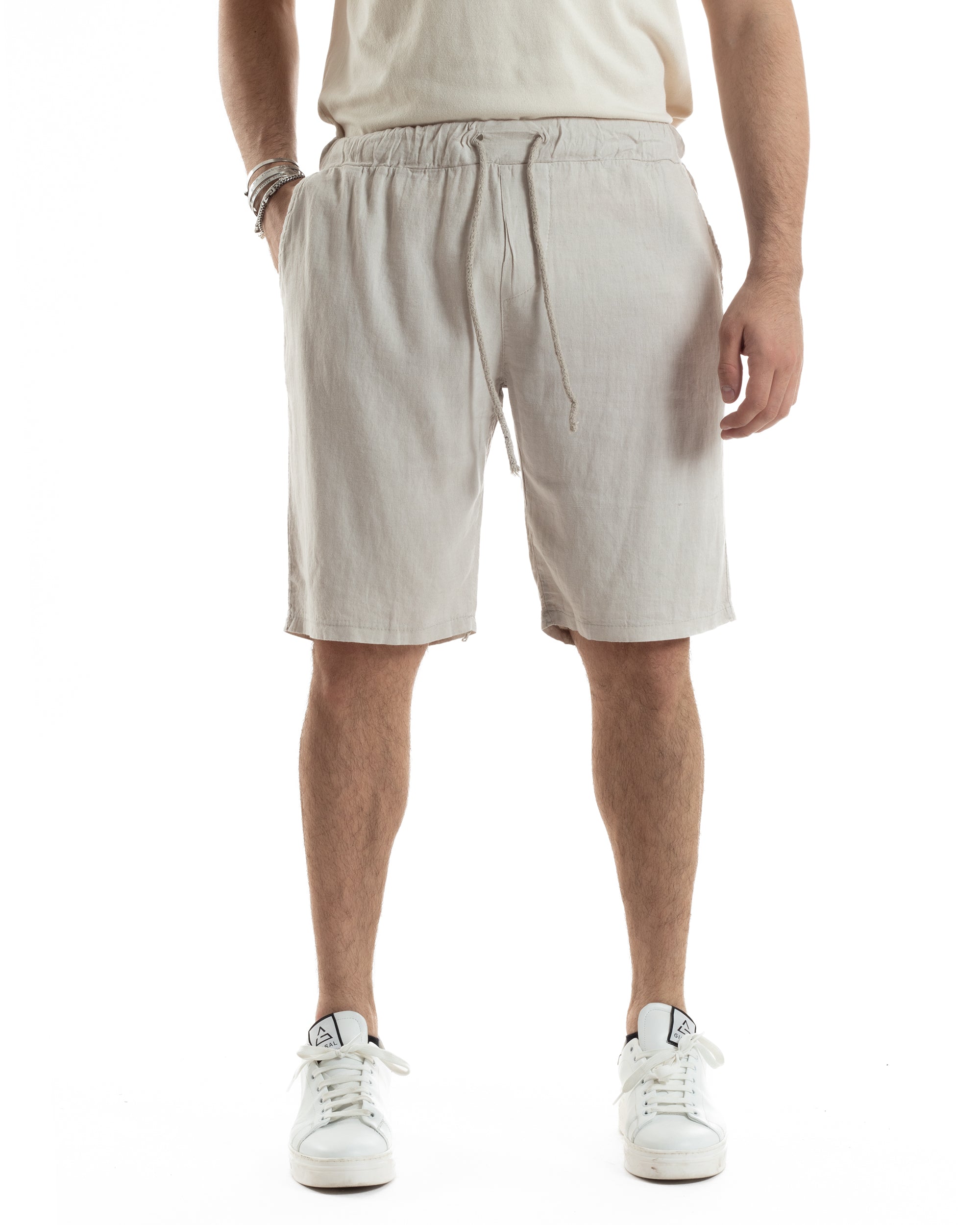 Bermuda Pantaloncini Uomo Corti Lino Jogger Basic Tinta Unita Beige GIOSAL-PC1949A