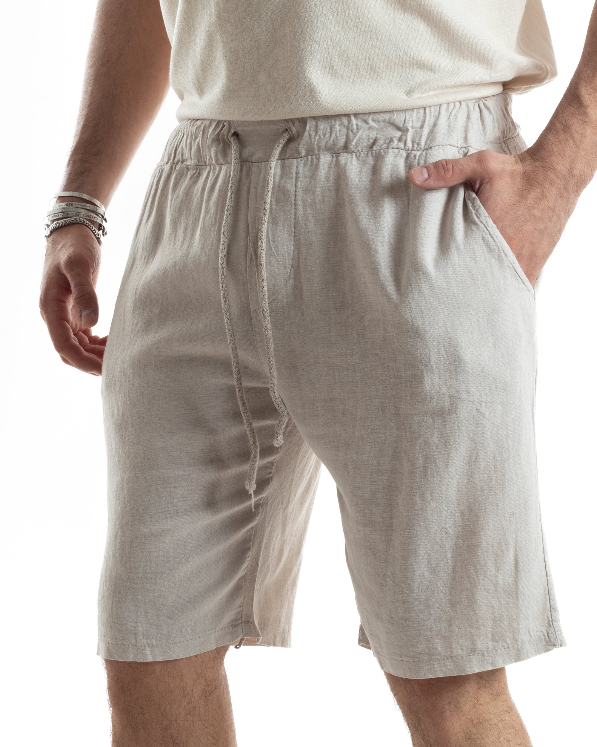 Bermuda Pantaloncini Uomo Corti Lino Jogger Basic Tinta Unita Beige GIOSAL-PC1949A