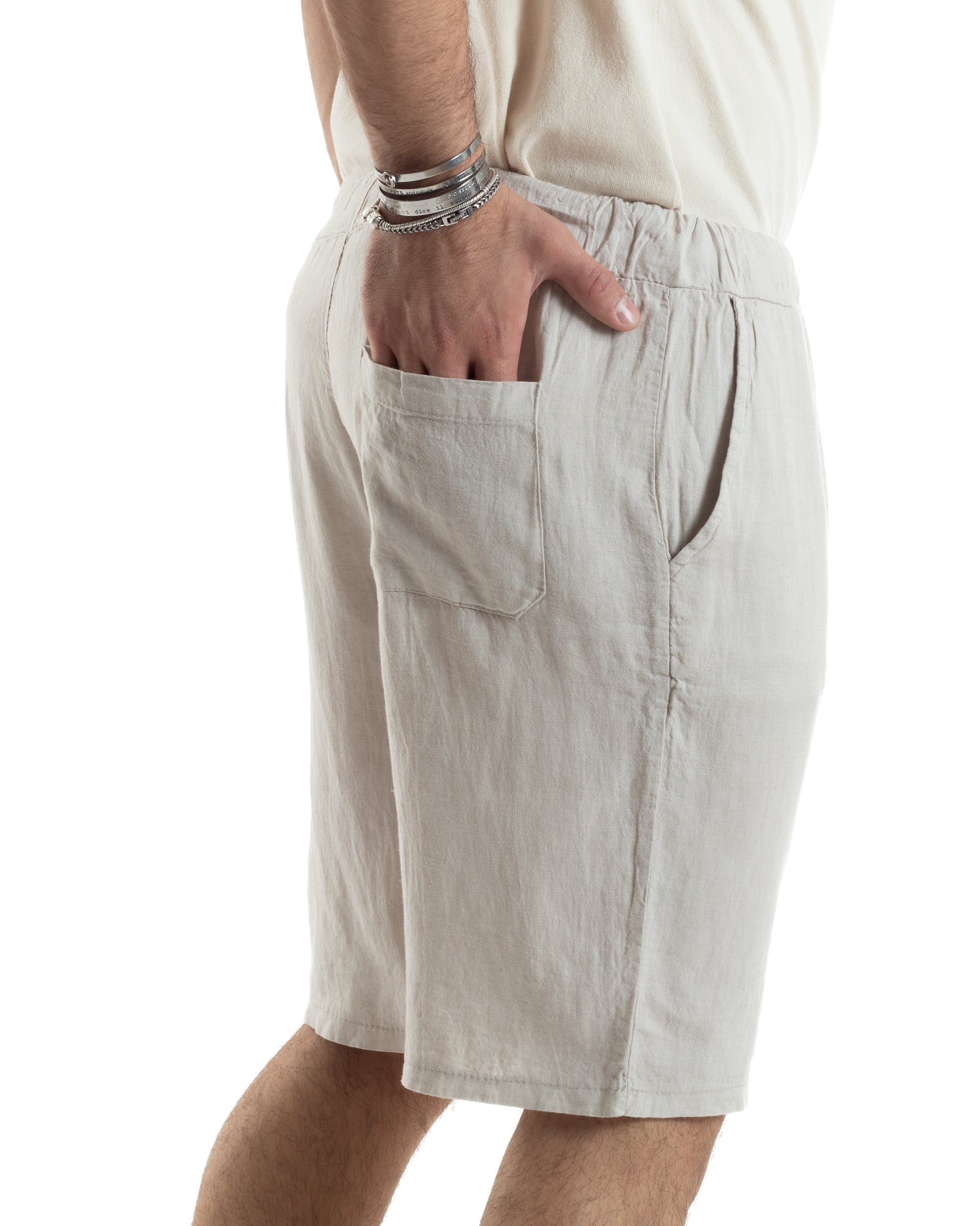 Bermuda Pantaloncini Uomo Corti Lino Jogger Basic Tinta Unita Beige GIOSAL-PC1949A