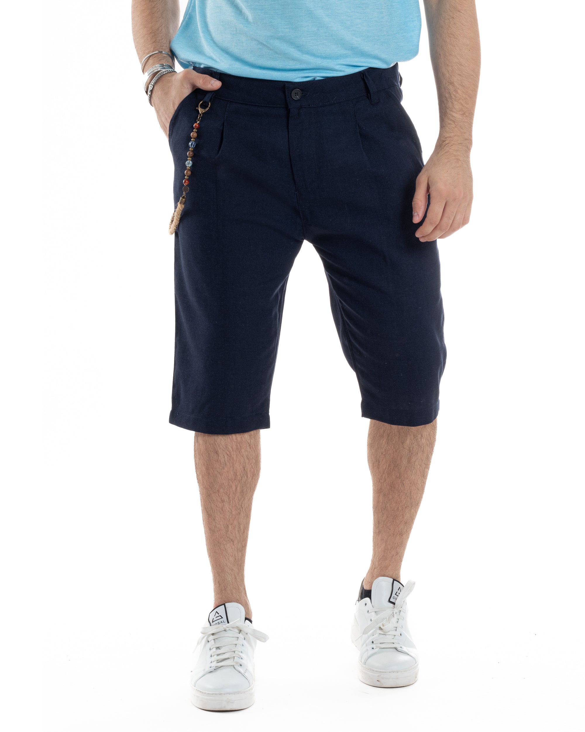 Bermuda Pantaloncini Uomo Corti Lino Tasca America Classico Sartoriale Comodo Casual Tinta Unita Blu GIOSAL-PC1951A