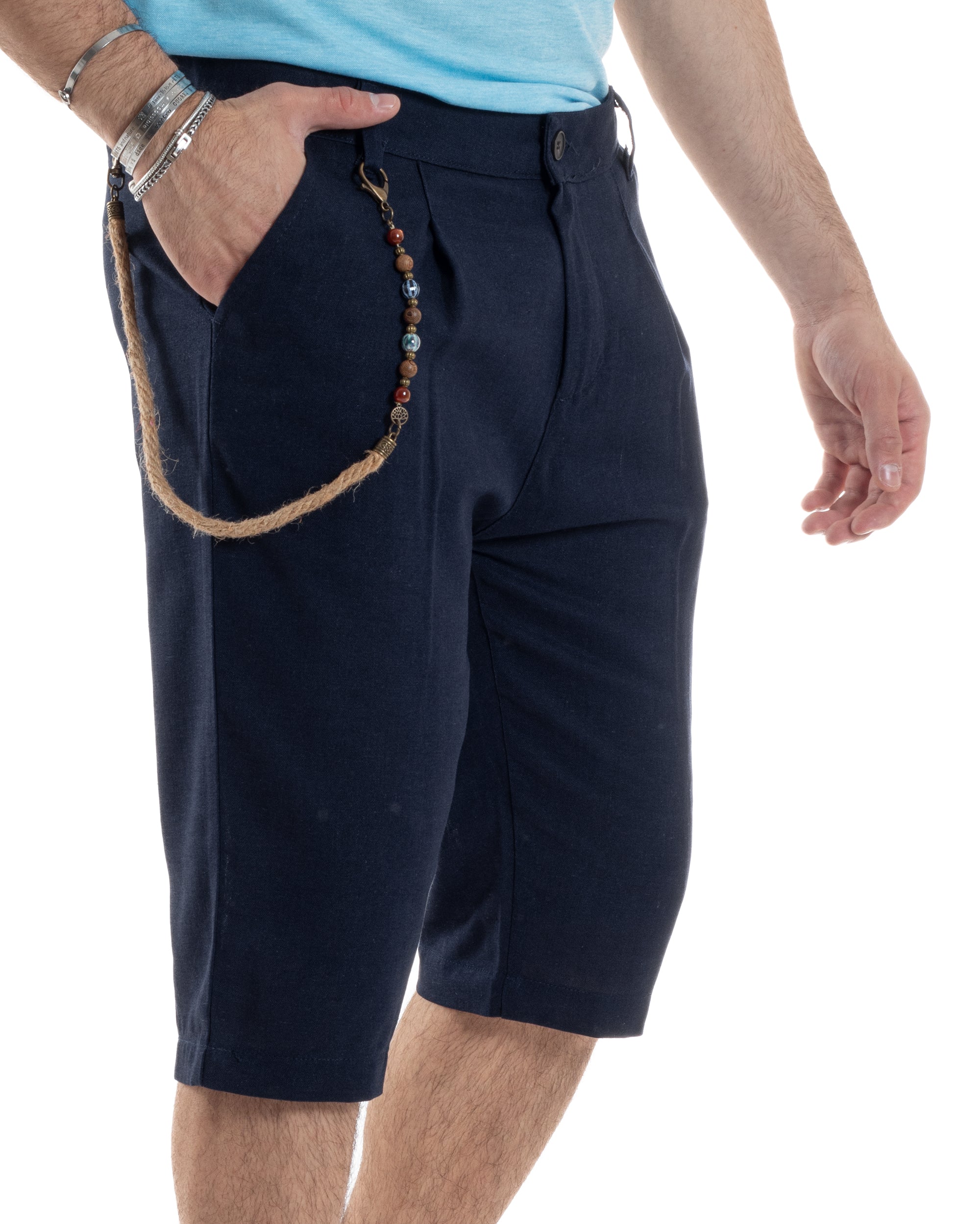 Bermuda Pantaloncini Uomo Corti Lino Tasca America Classico Sartoriale Comodo Casual Tinta Unita Blu GIOSAL-PC1951A