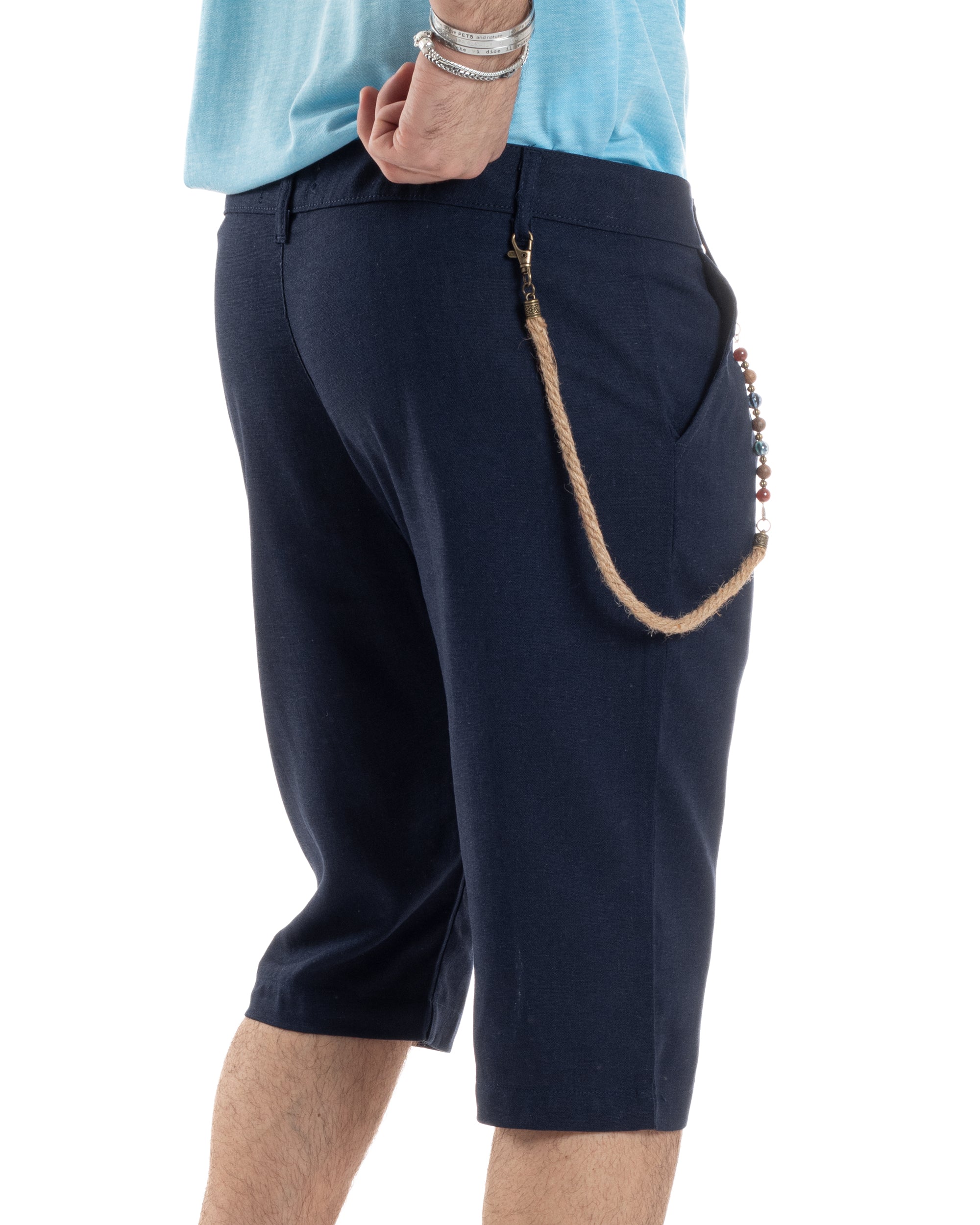 Bermuda Pantaloncini Uomo Corti Lino Tasca America Classico Sartoriale Comodo Casual Tinta Unita Blu GIOSAL-PC1951A