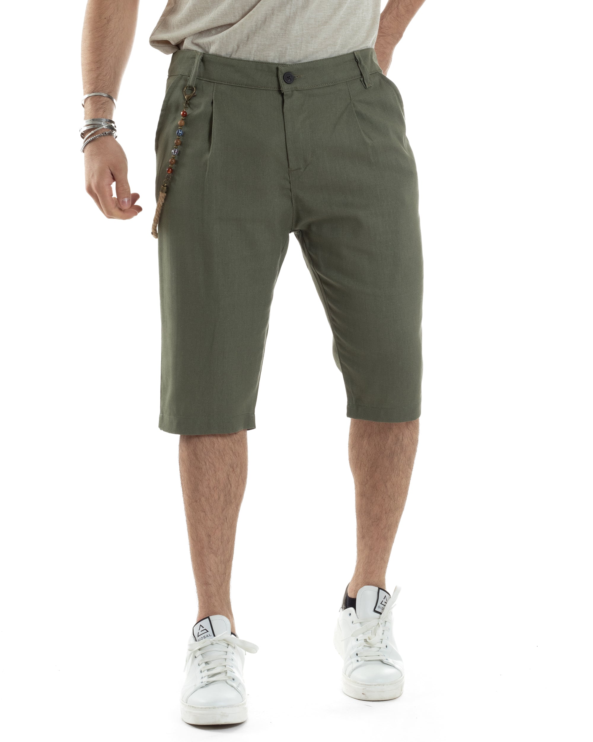 Bermuda Pantaloncini Uomo Corti Lino Tasca America Classico Sartoriale Comodo Casual Tinta Unita Verde GIOSAL-PC1953A