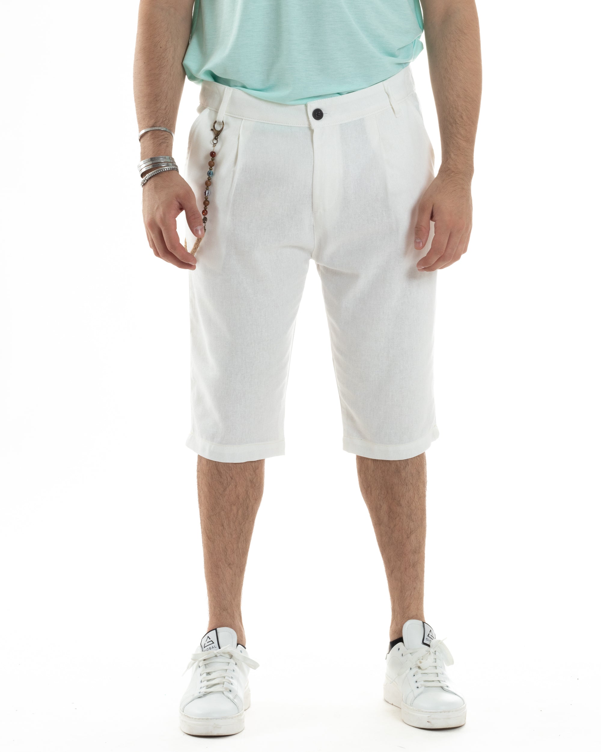 Bermuda Pantaloncini Uomo Corti Lino Tasca America Classico Sartoriale Comodo Casual Tinta Unita Bianco GIOSAL-PC1954A