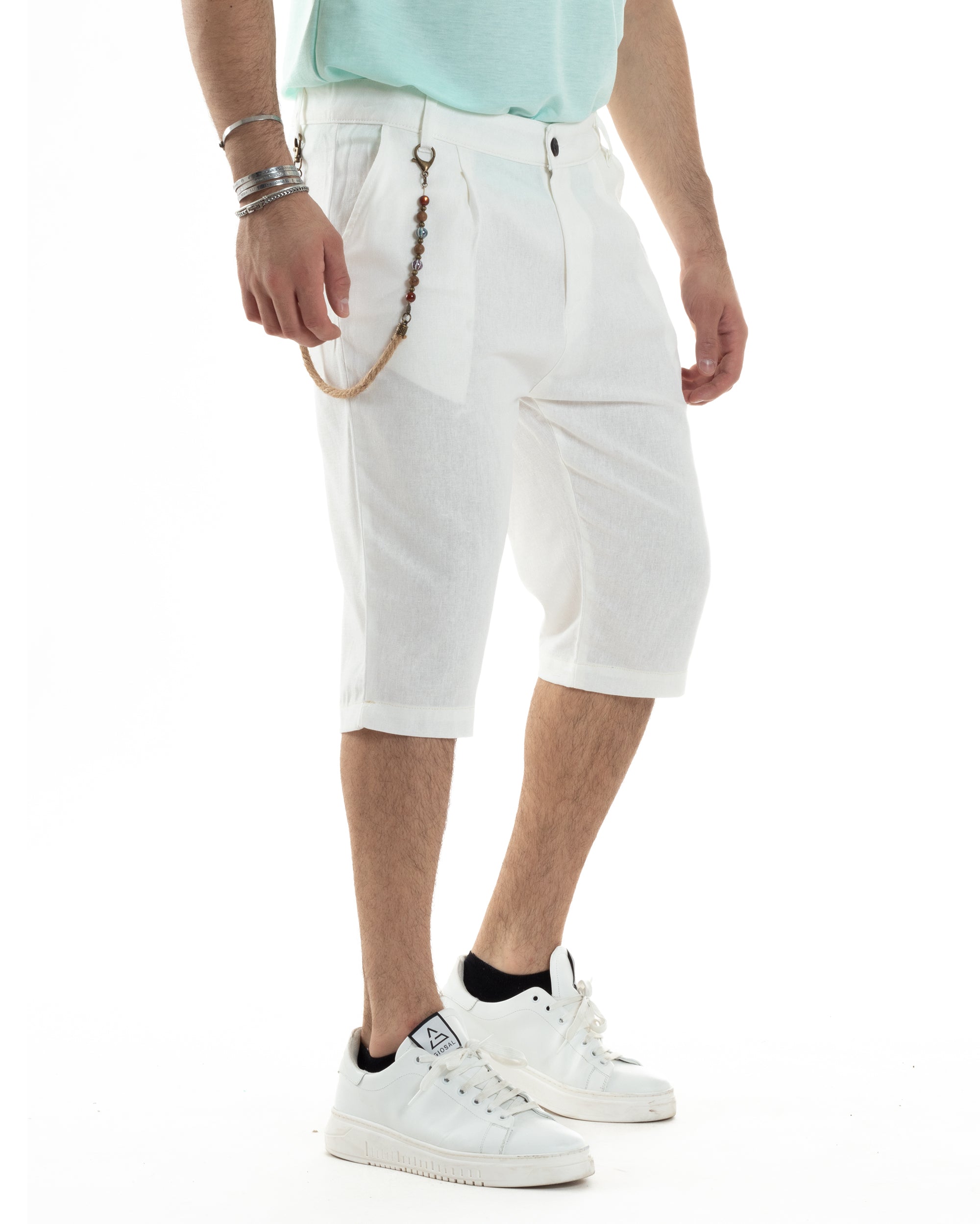 Bermuda Pantaloncini Uomo Corti Lino Tasca America Classico Sartoriale Comodo Casual Tinta Unita Bianco GIOSAL-PC1954A