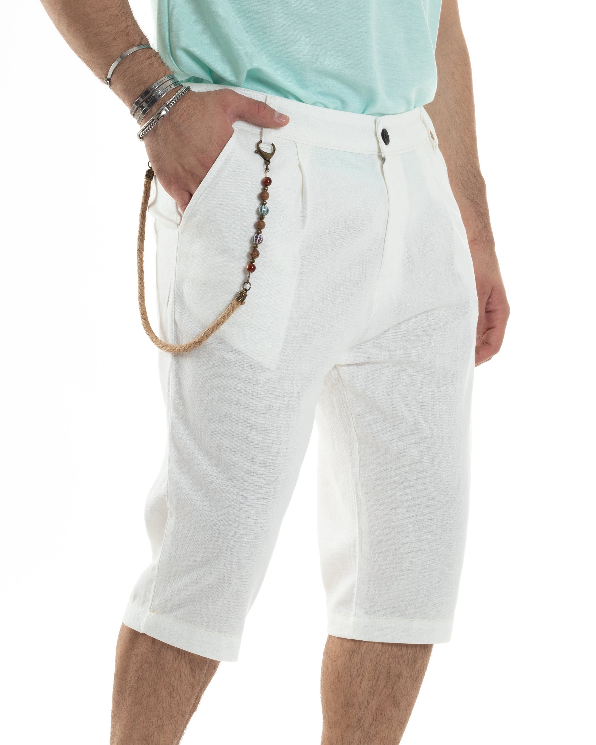 Bermuda Pantaloncini Uomo Corti Lino Tasca America Classico Sartoriale Comodo Casual Tinta Unita Bianco GIOSAL-PC1954A