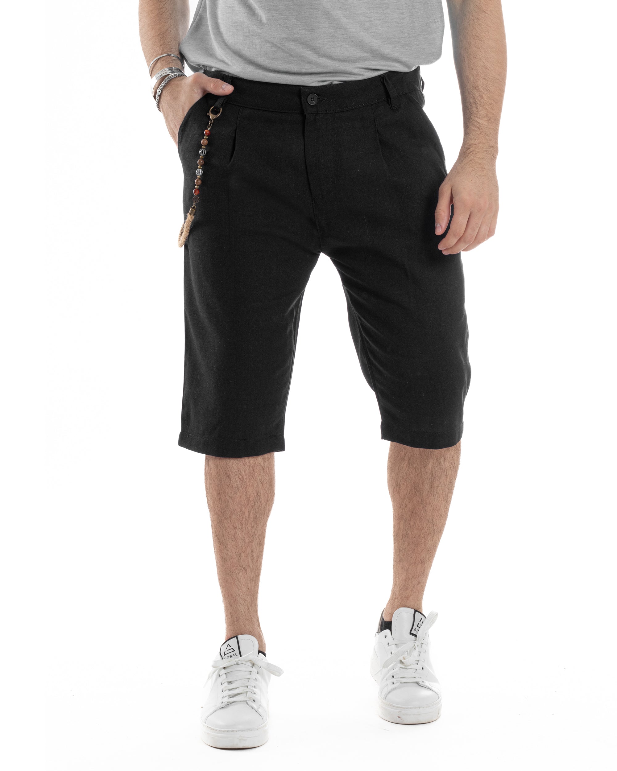 Bermuda Pantaloncini Uomo Corti Lino Tasca America Classico Sartoriale Comodo Casual Tinta Unita Nero GIOSAL-PC1955A