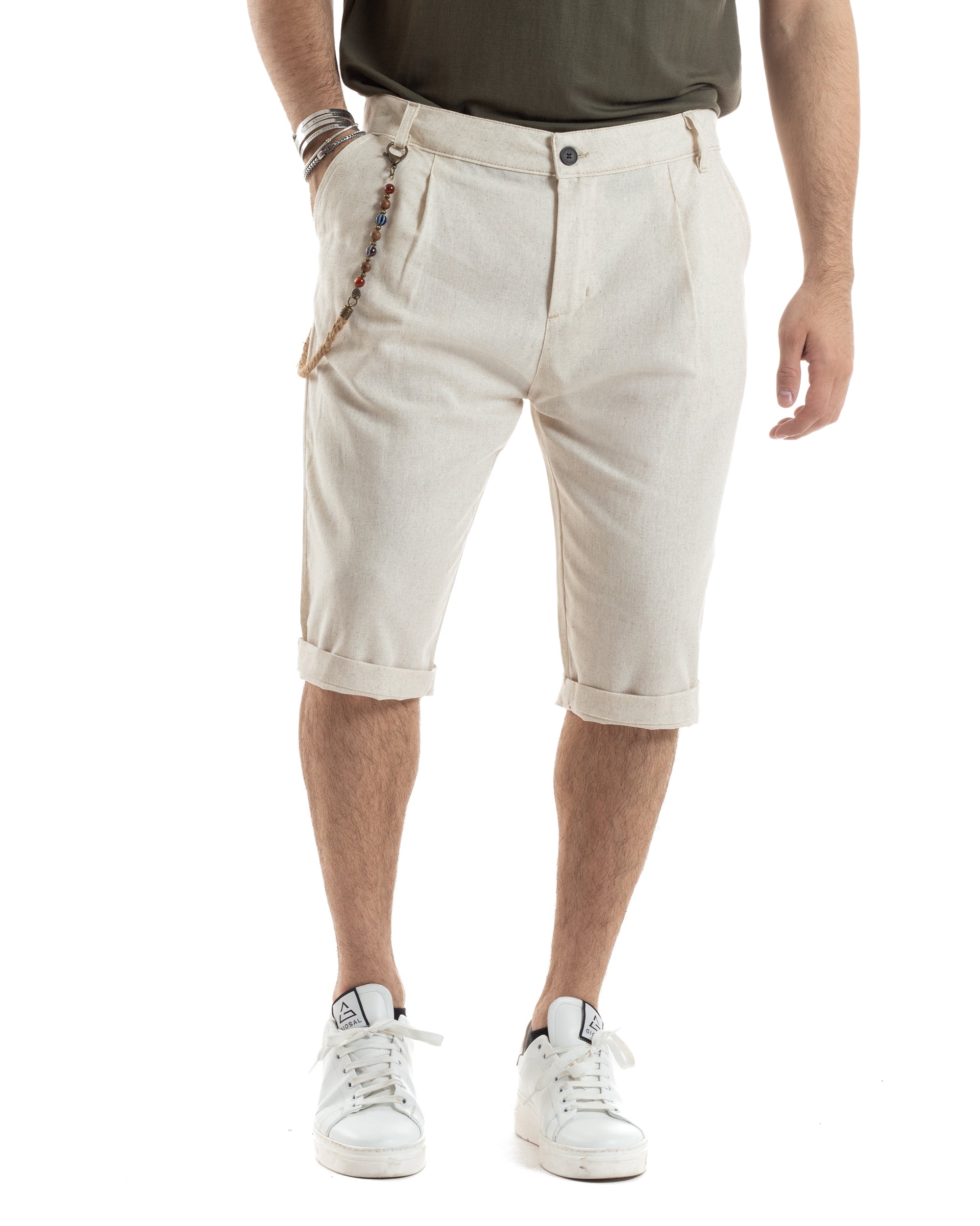 Lino Pantaloncini Corti Beige Uomo Pantaloni Pantaloncini Lino