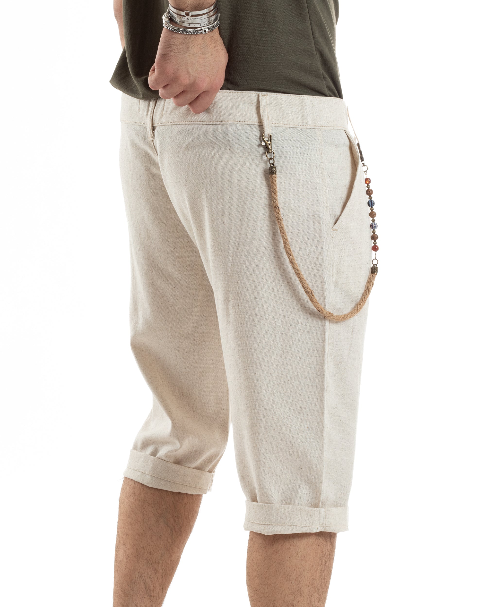 Bermuda Pantaloncini Uomo Corti Lino Tasca America Classico Sartoriale Comodo Casual Tinta Unita Beige GIOSAL-PC1956A