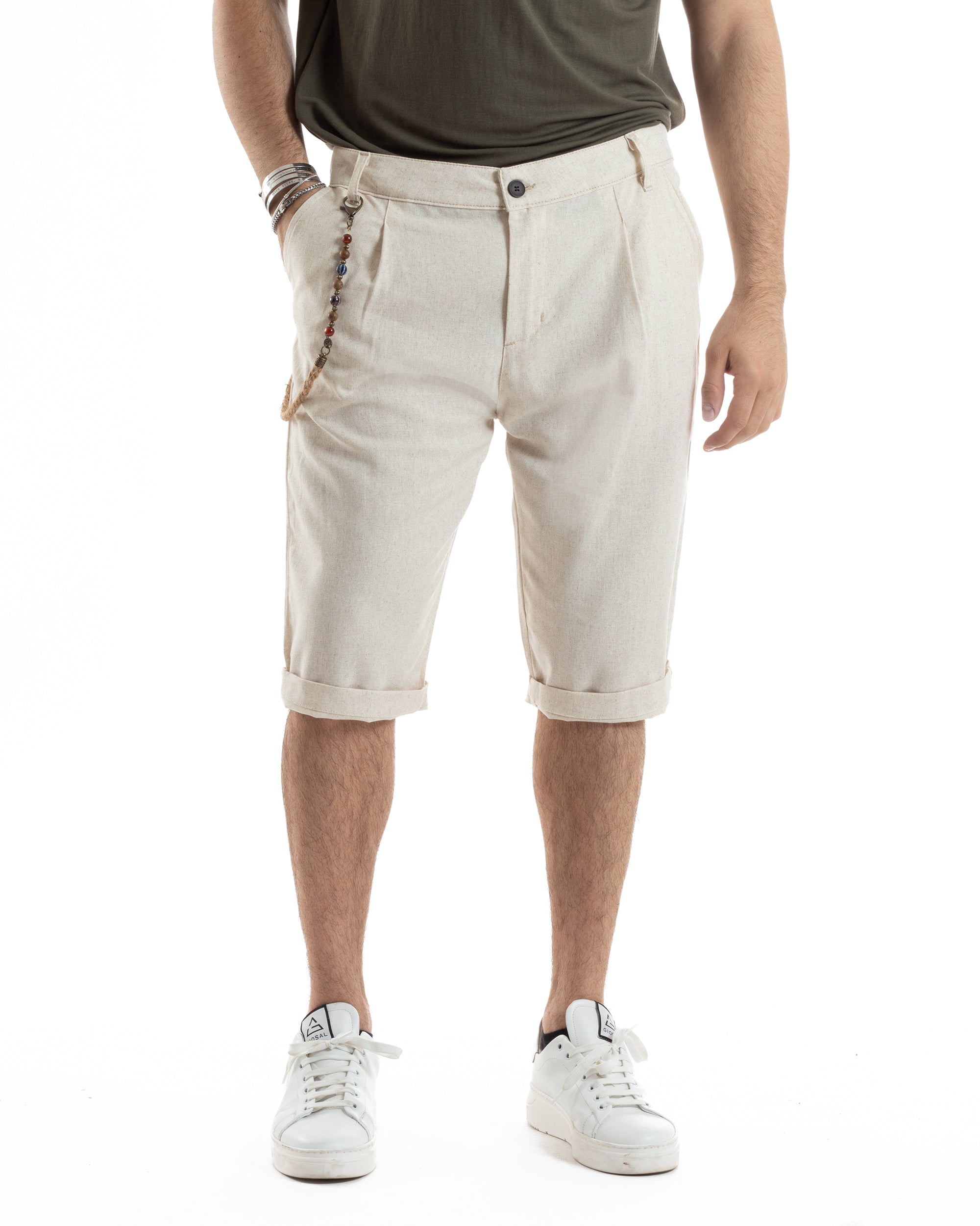 Bermuda Pantaloncini Uomo Corti Lino Tasca America Classico Sartoriale Comodo Casual Tinta Unita Beige GIOSAL-PC1956A