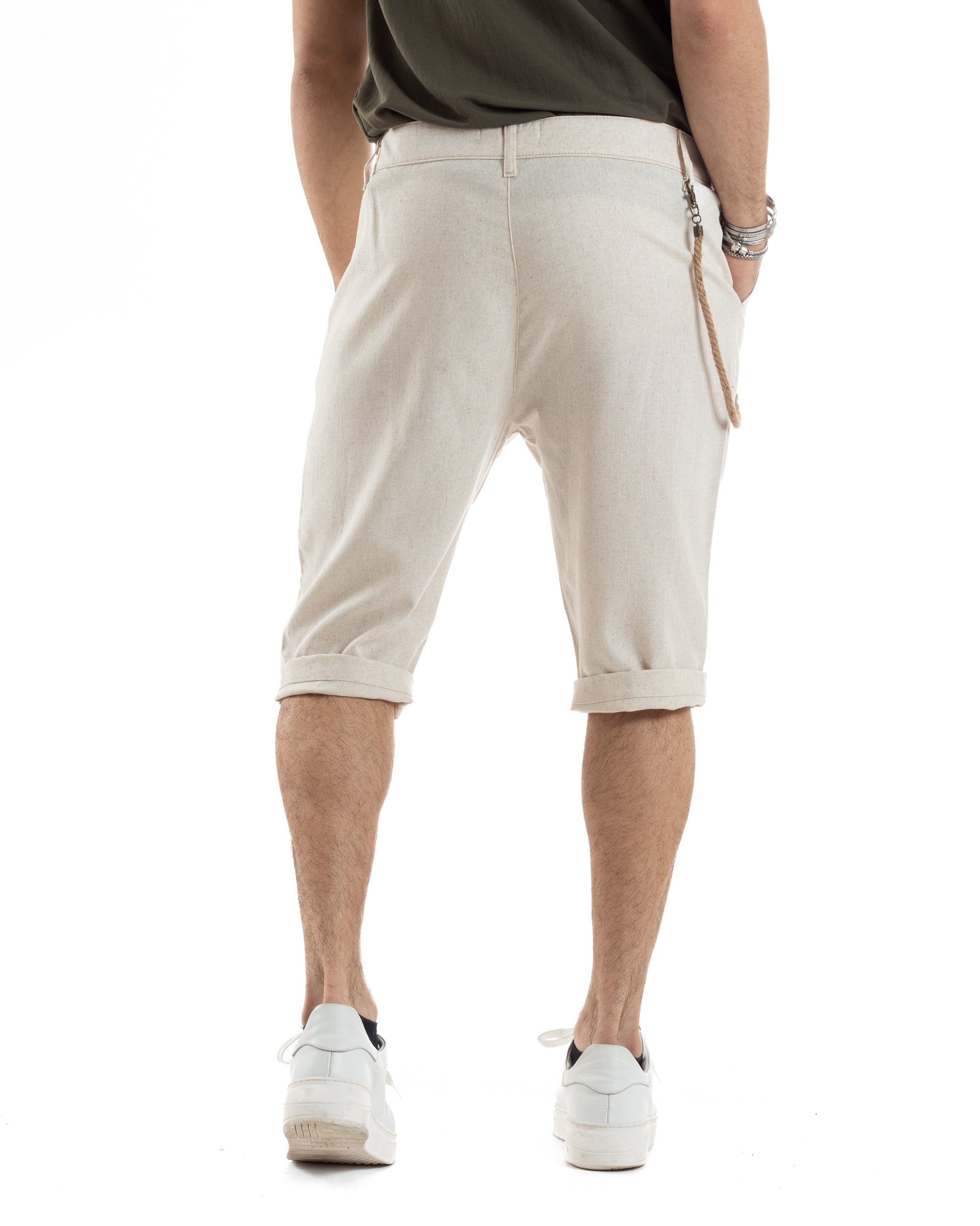 Bermuda Pantaloncini Uomo Corti Lino Tasca America Classico Sartoriale Comodo Casual Tinta Unita Beige GIOSAL-PC1956A