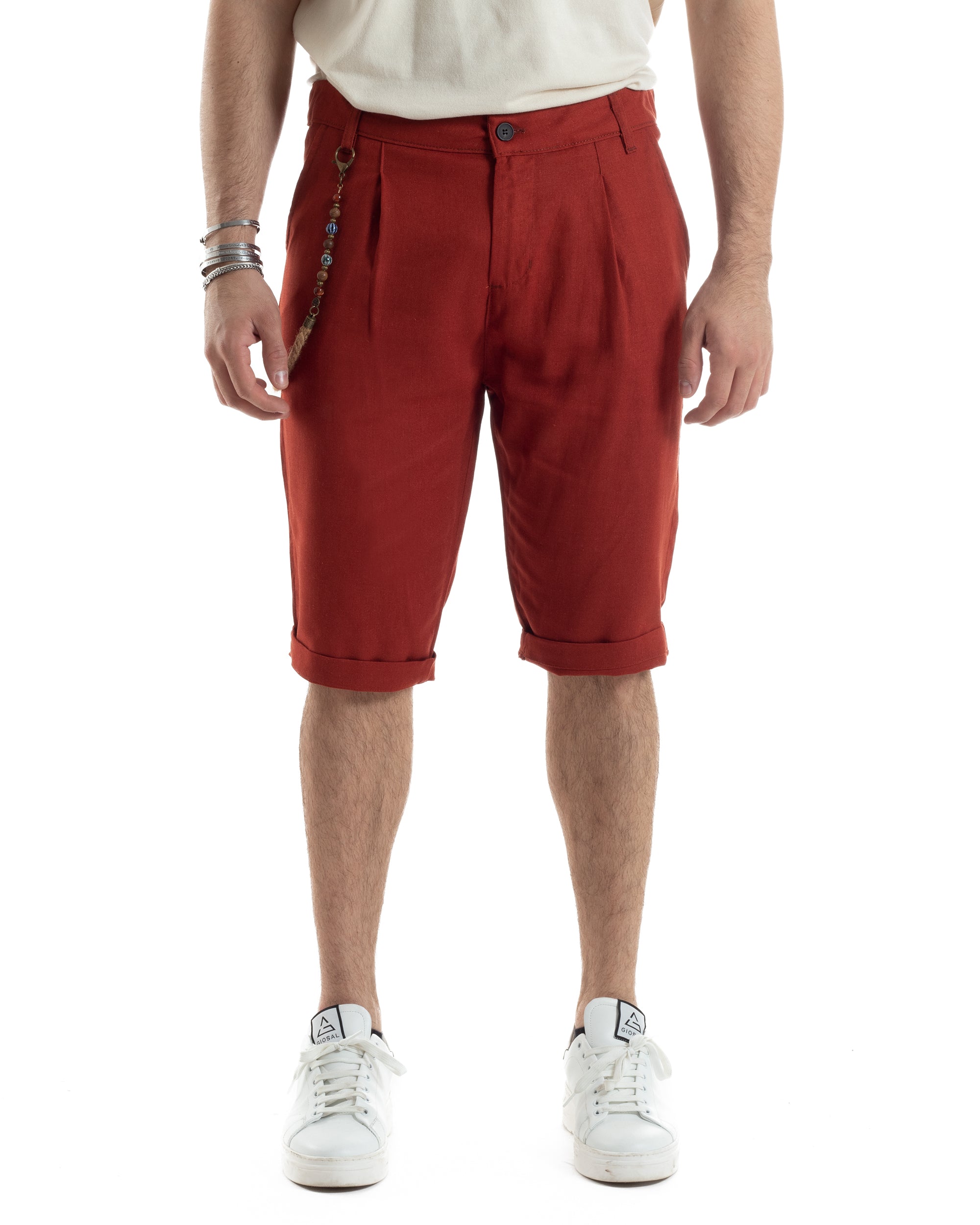 Bermuda Pantaloncini Uomo Corti Lino Tasca America Classico Sartoriale Comodo Casual Tinta Unita Mattone GIOSAL-PC1957A