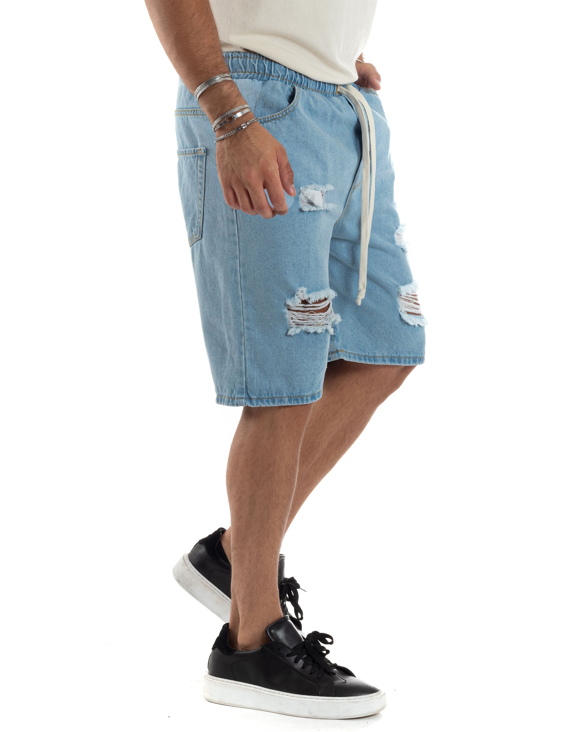 Bermuda Jeans Uomo Pantalaccio Corto Con Laccio Lavaggio Chiaro Cinque Tasche Oversize Casual Rotture Denim GIOSAL-PC1958A