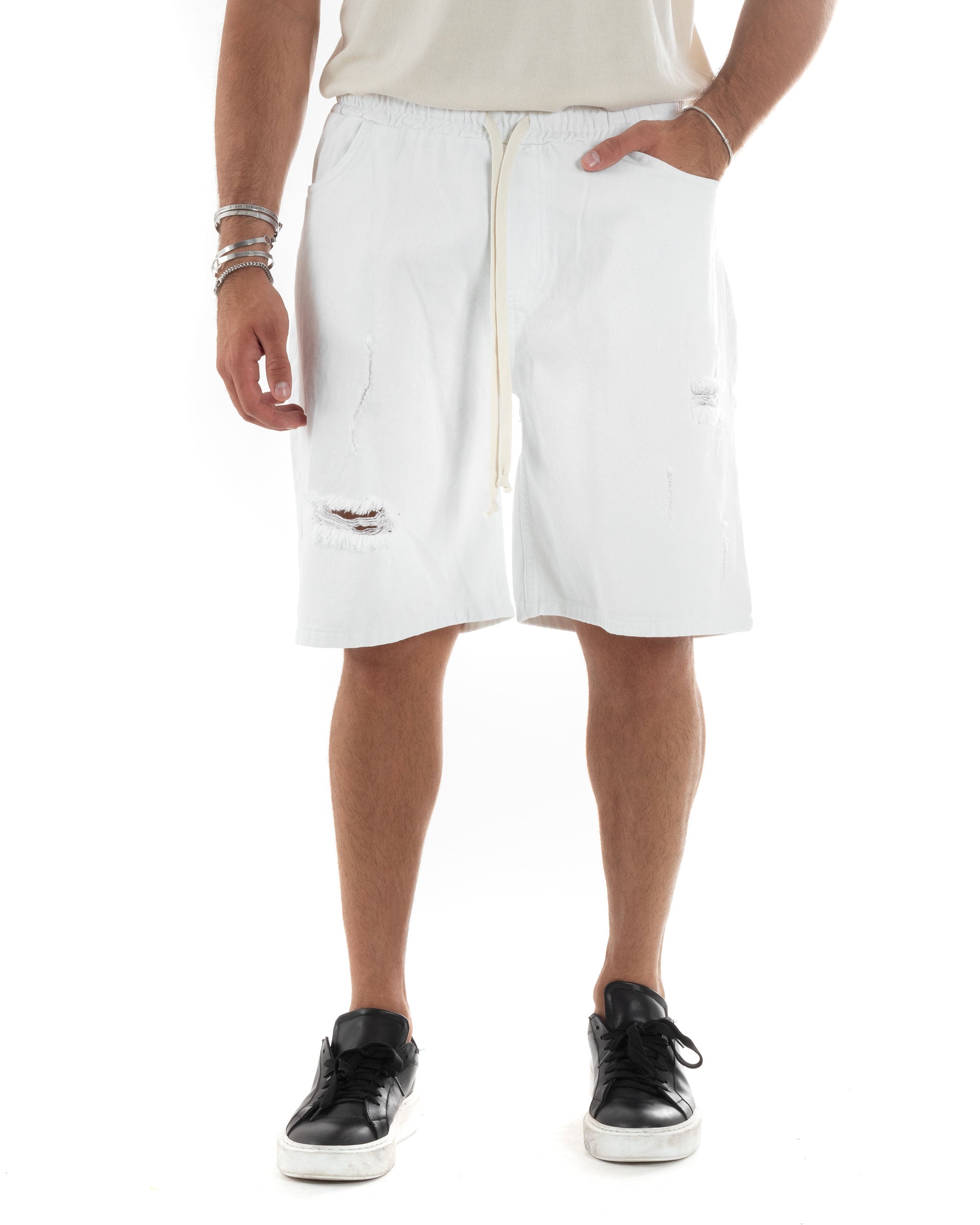 Bermuda Jeans Uomo Pantalaccio Corto Con Laccio Cinque Tasche Oversize Casual Rotture Tinta Unita Bianco GIOSAL-PC1960A