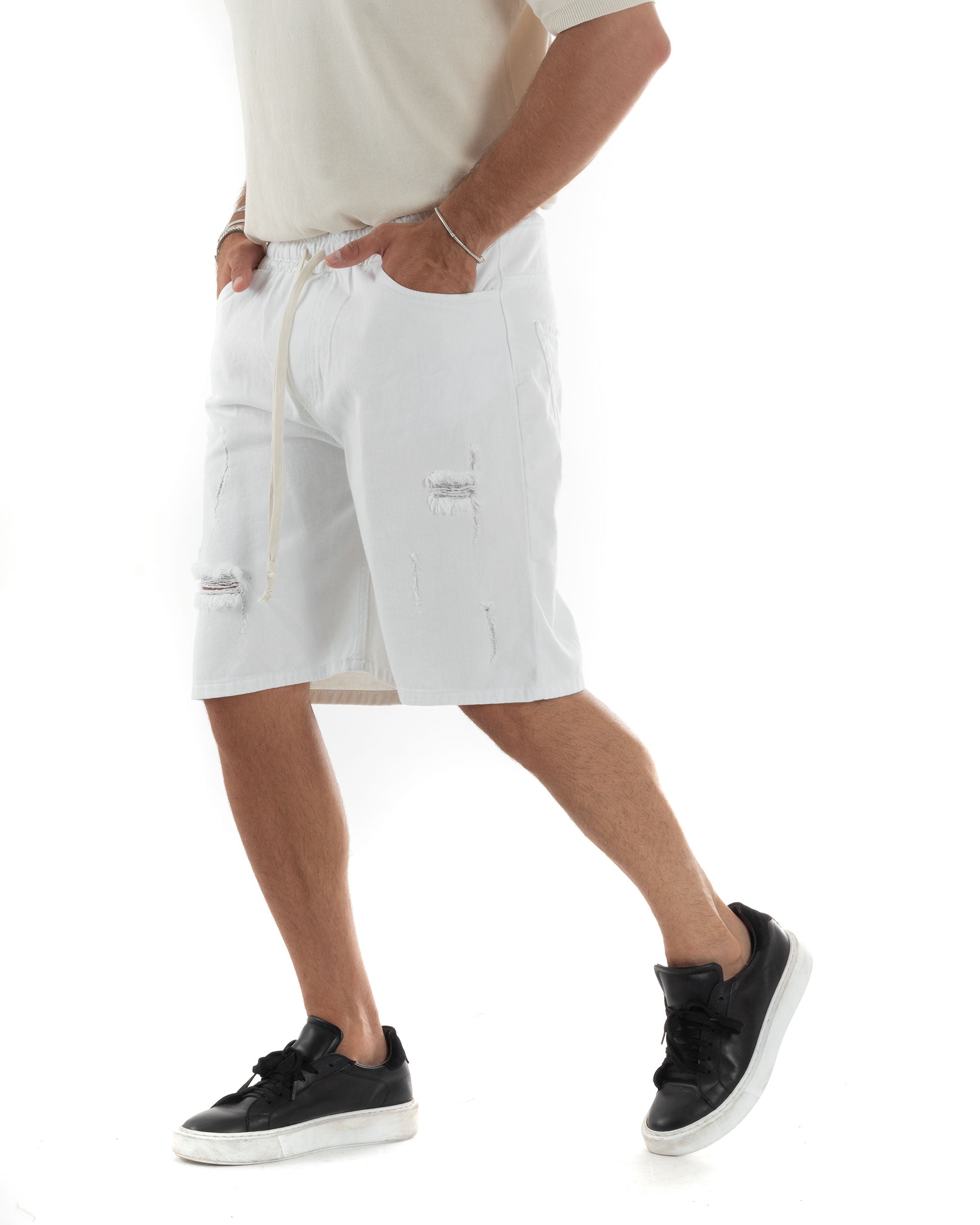 Bermuda Jeans Uomo Pantalaccio Corto Con Laccio Cinque Tasche Oversize Casual Rotture Tinta Unita Bianco GIOSAL-PC1960A